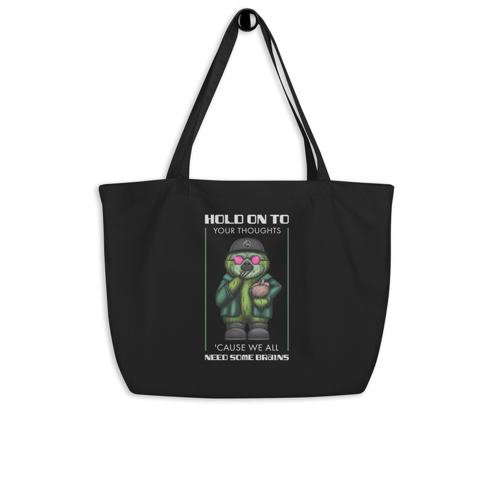 cool cartoon sloth with sunglasses holding a brain on tote bag black