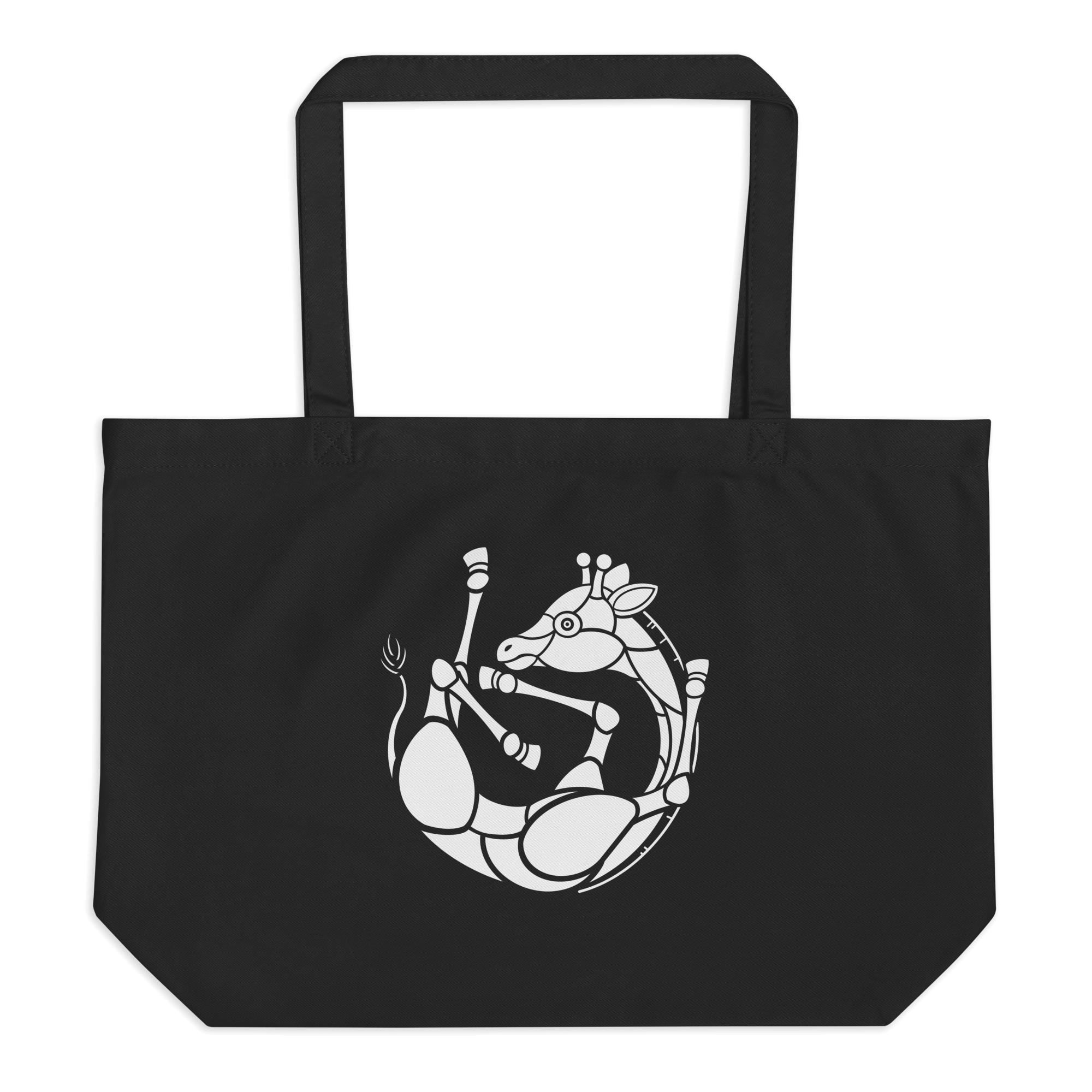 white baby giraffe on black tote bag