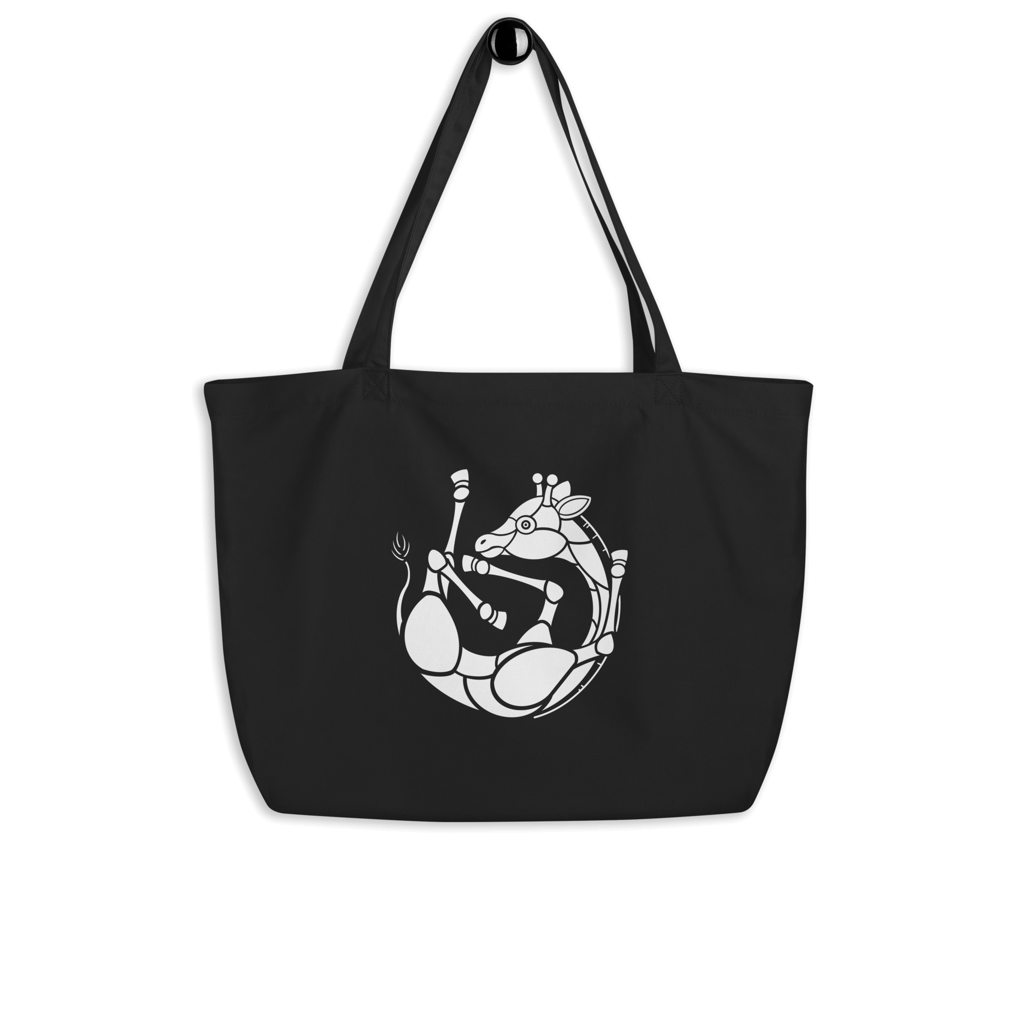 white baby giraffe on black tote bag