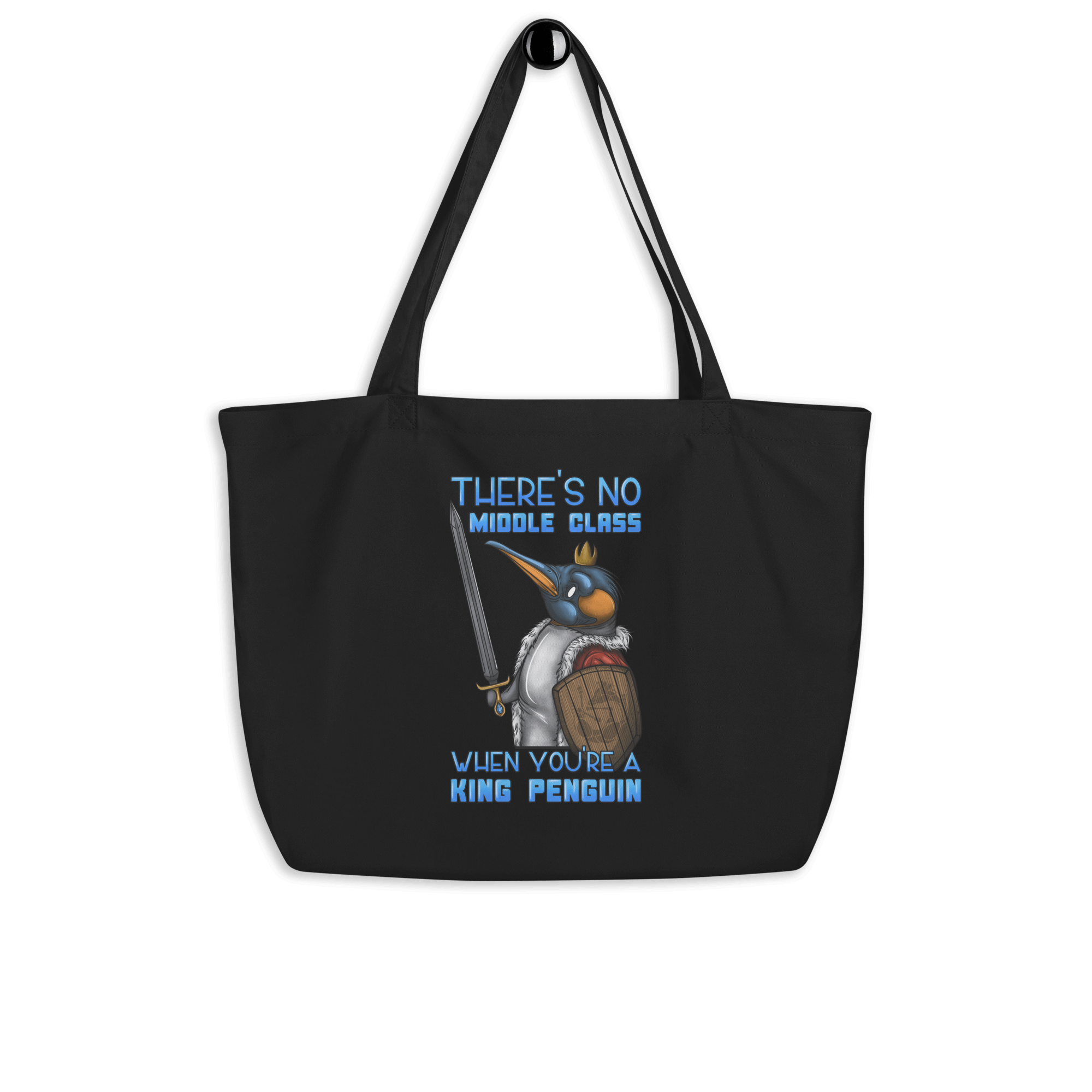 funny king penguin in cartoon style on black tote bag