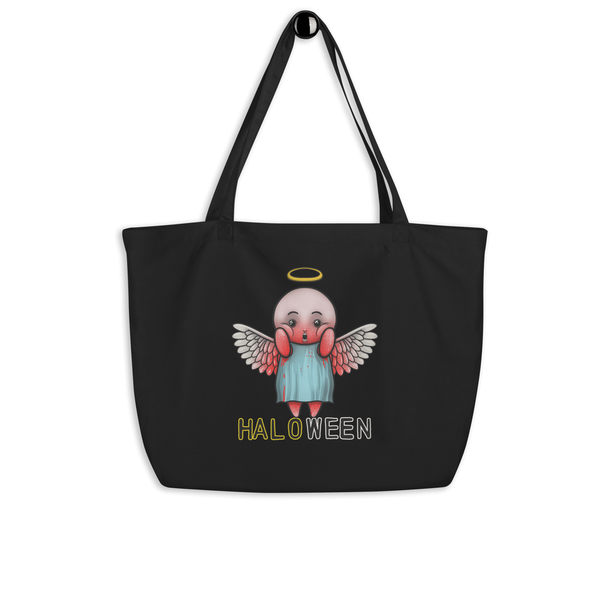 Halloween cartoon angel with halo on tote bag black