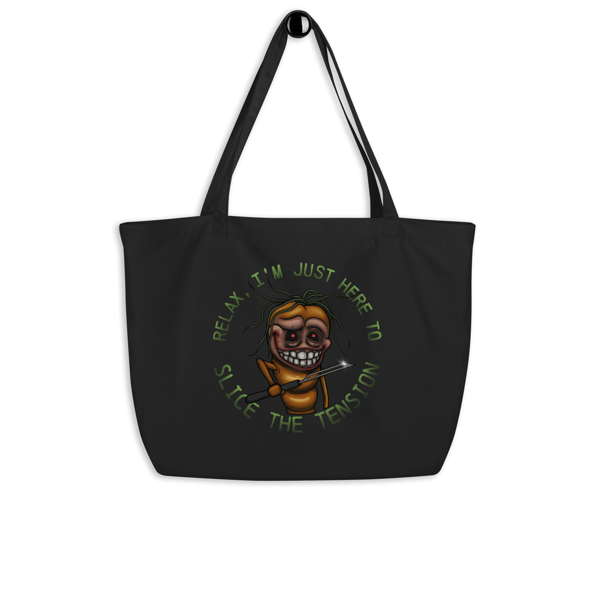 Funny joker carrot cartoon drawing on tote bag black