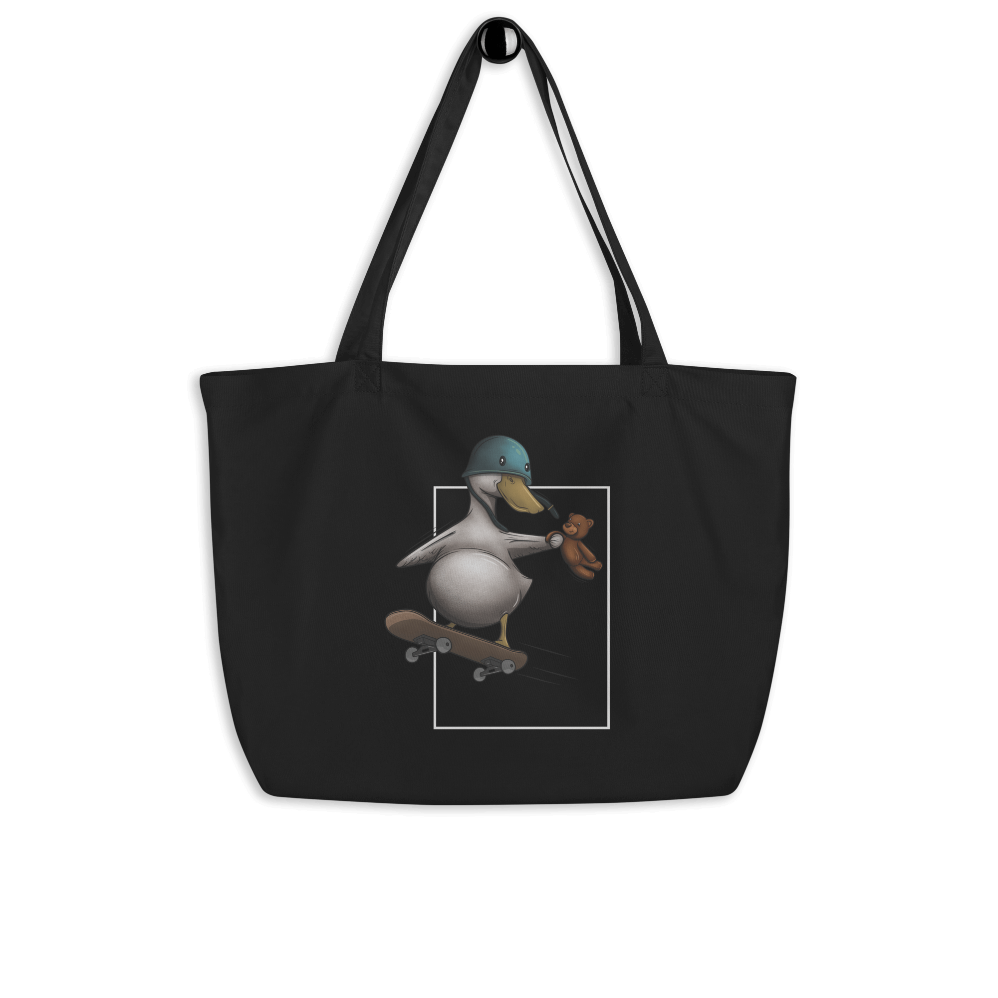 Cute skater duck with teddy bear on tote bag black