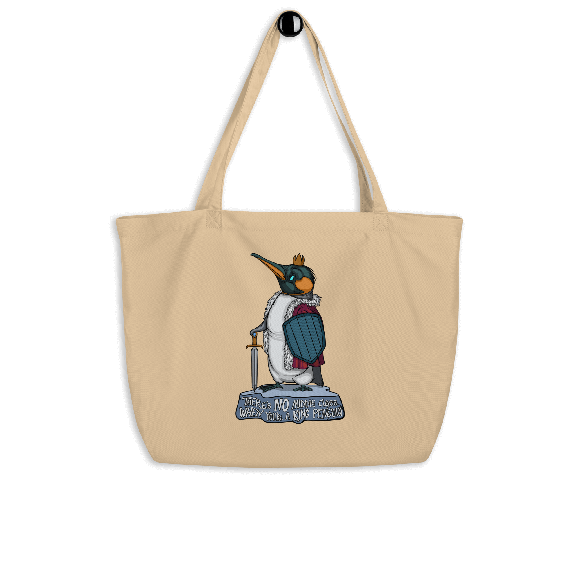 funny king penguin in cartoon style on natural tote bag