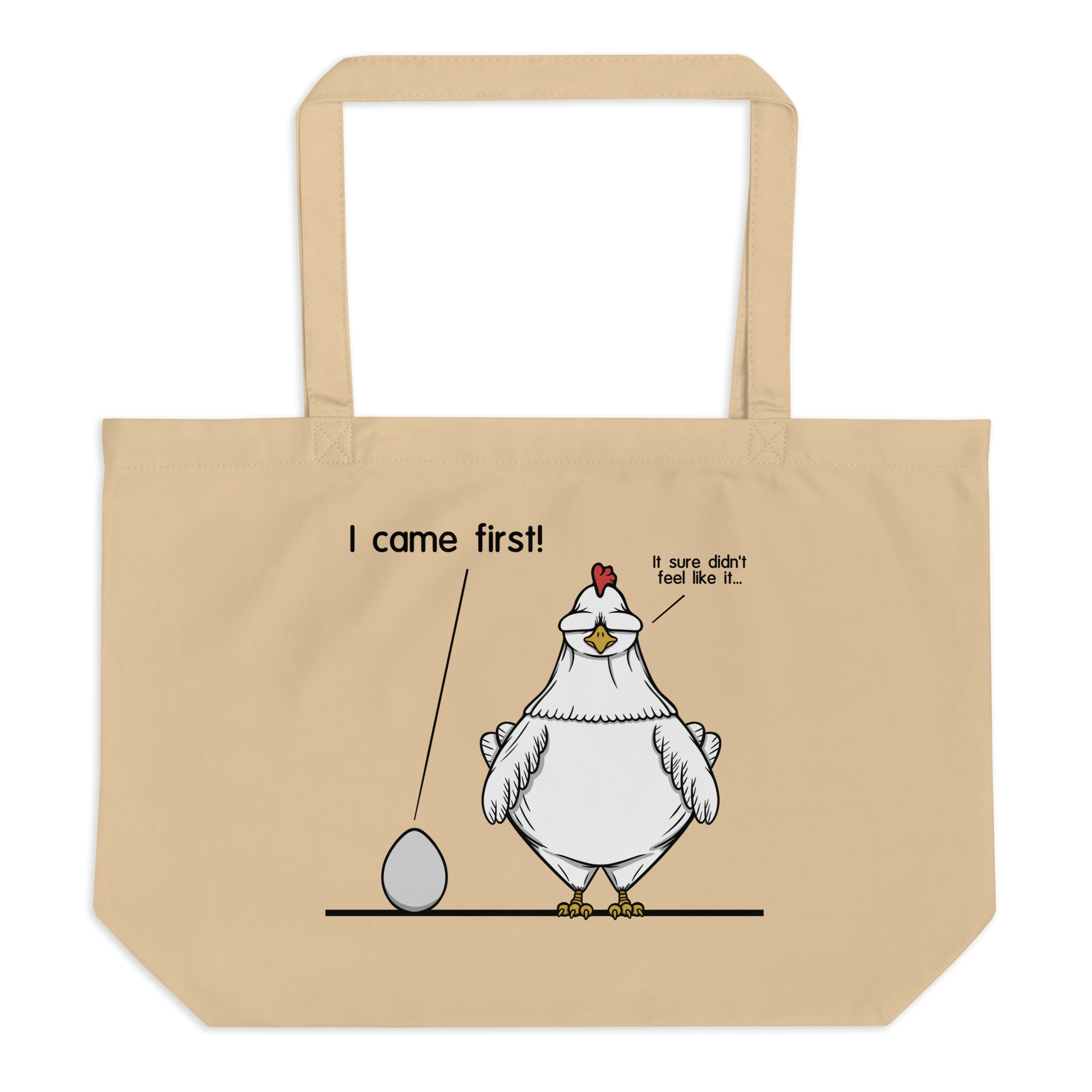 natural tote bag with cartoon chicken and egg