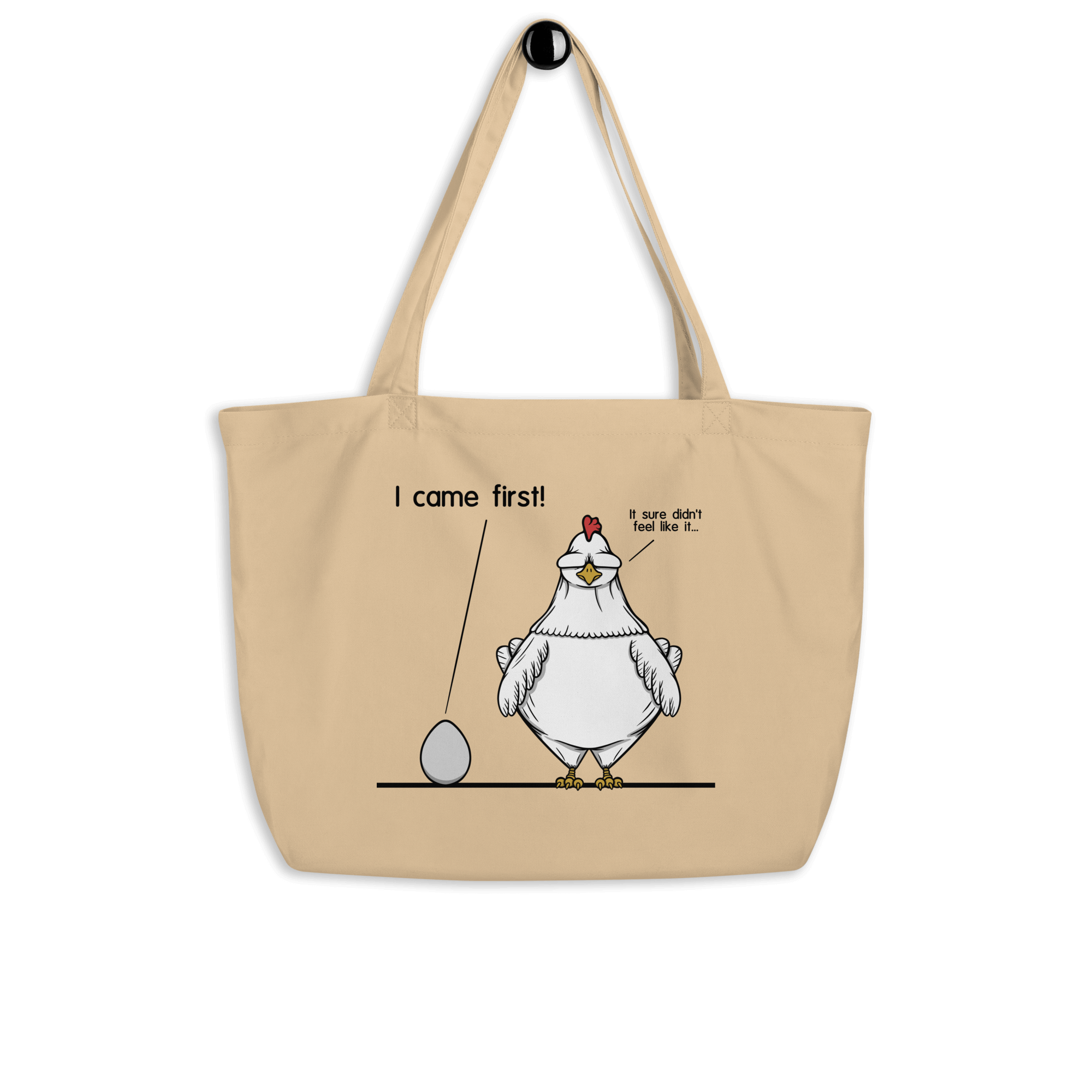 I came first, chicken and egg humor design on tote bag natural