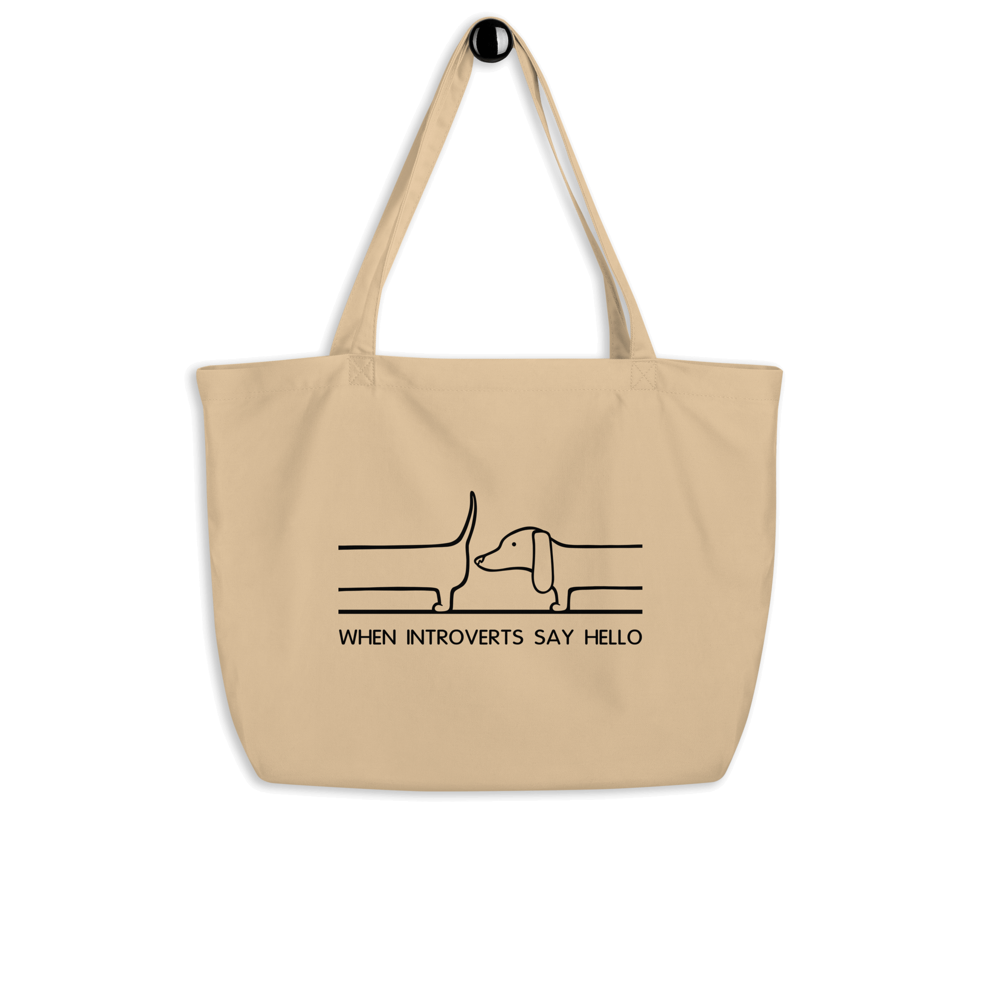 natural tote bag with cartoon dachshund saying hello