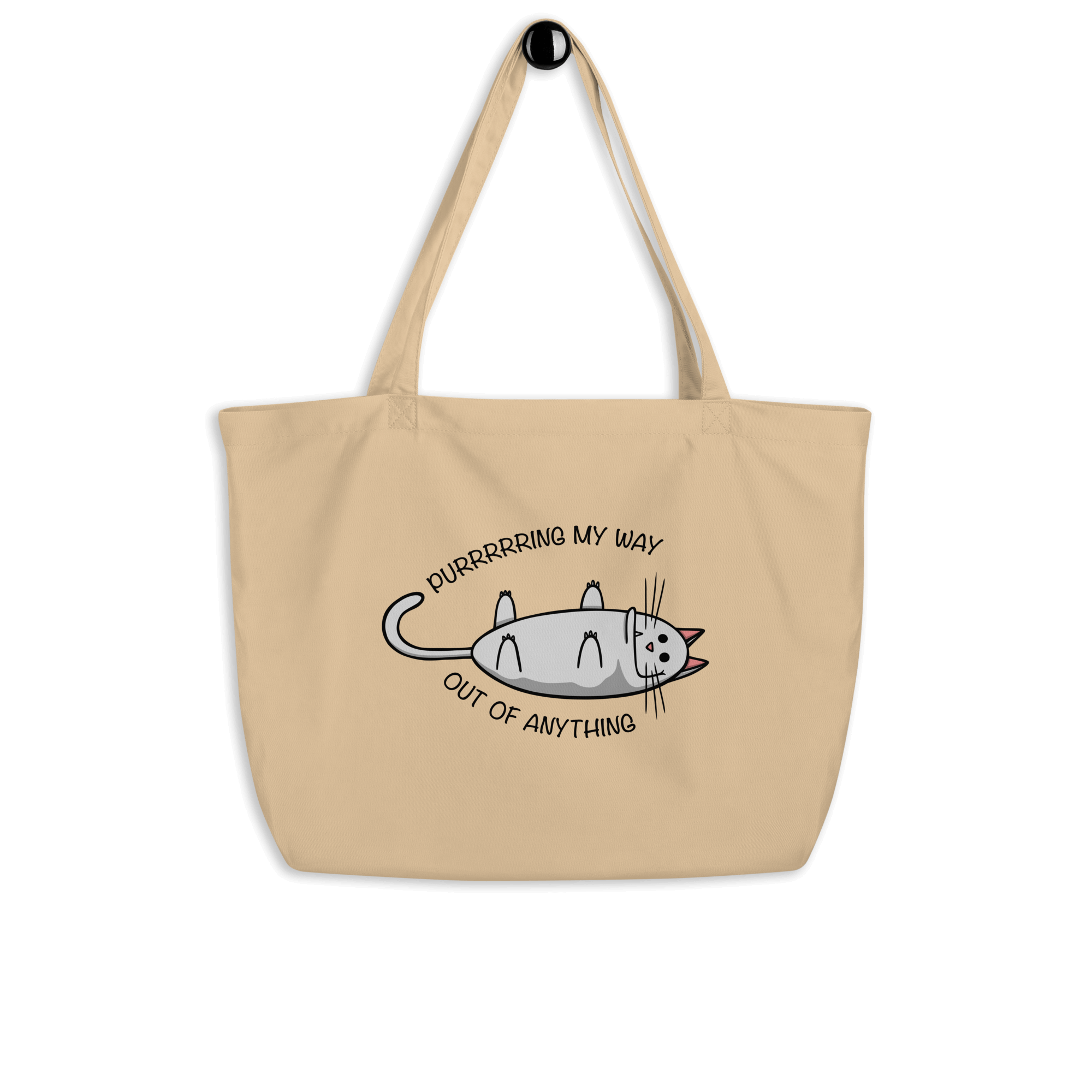 natural tote bag with a cute cartoon cat purring