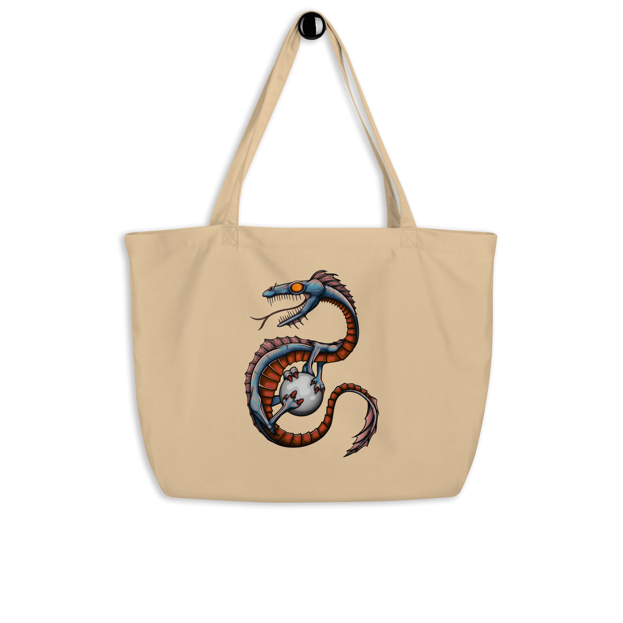 natural tote bag with cool blue cartoon dragon