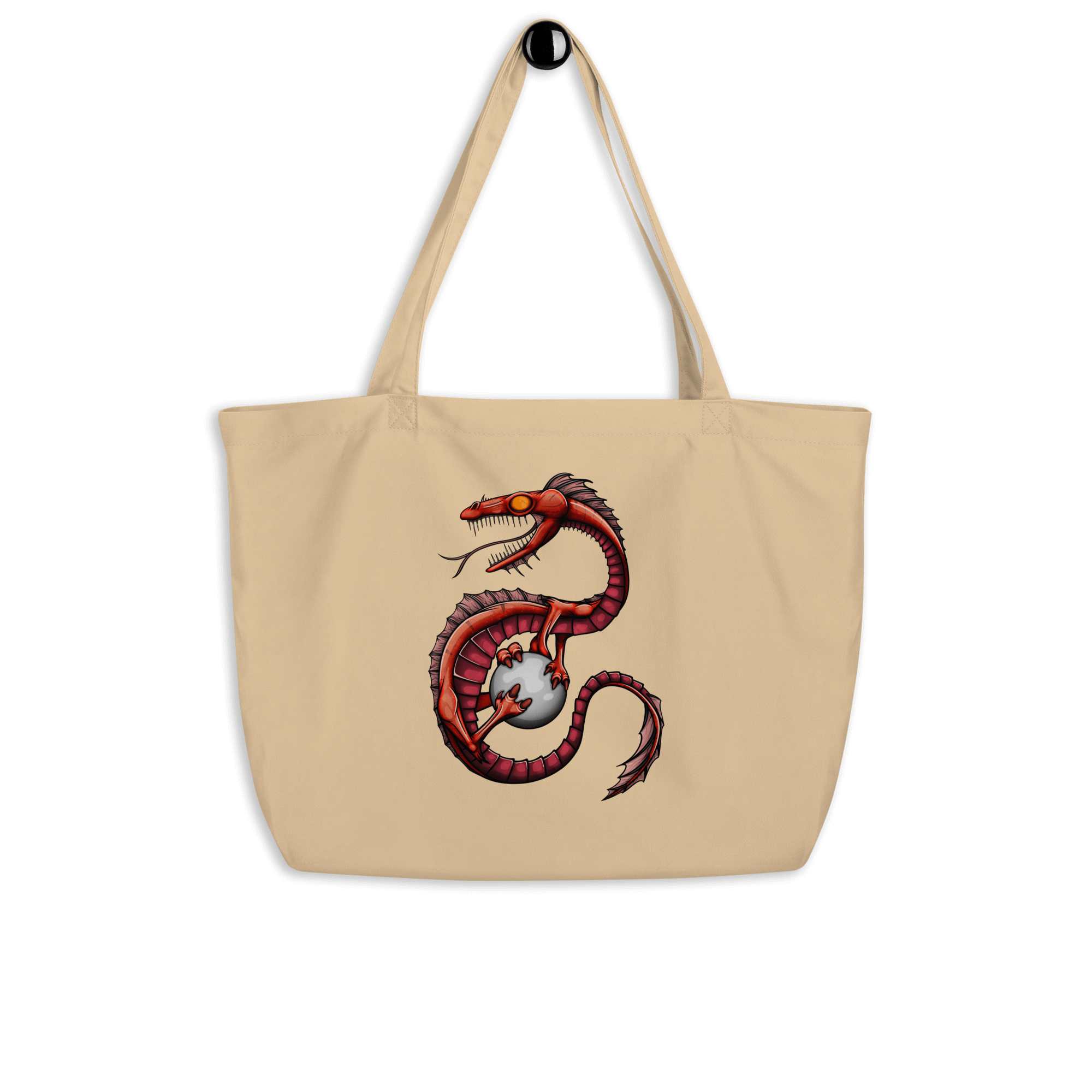 natural tote bag with cool red cartoon dragon