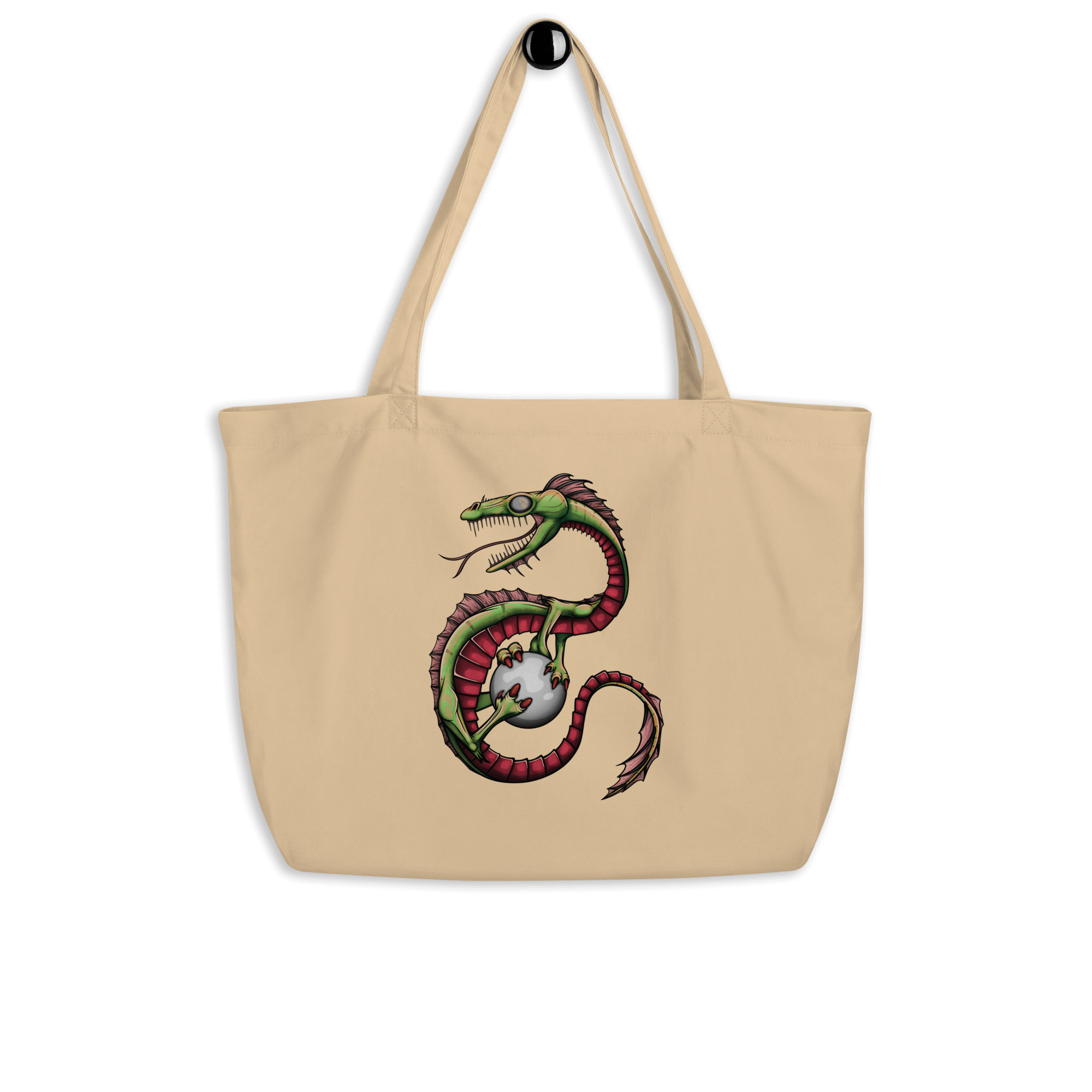 natural tote bag with cool green cartoon dragon