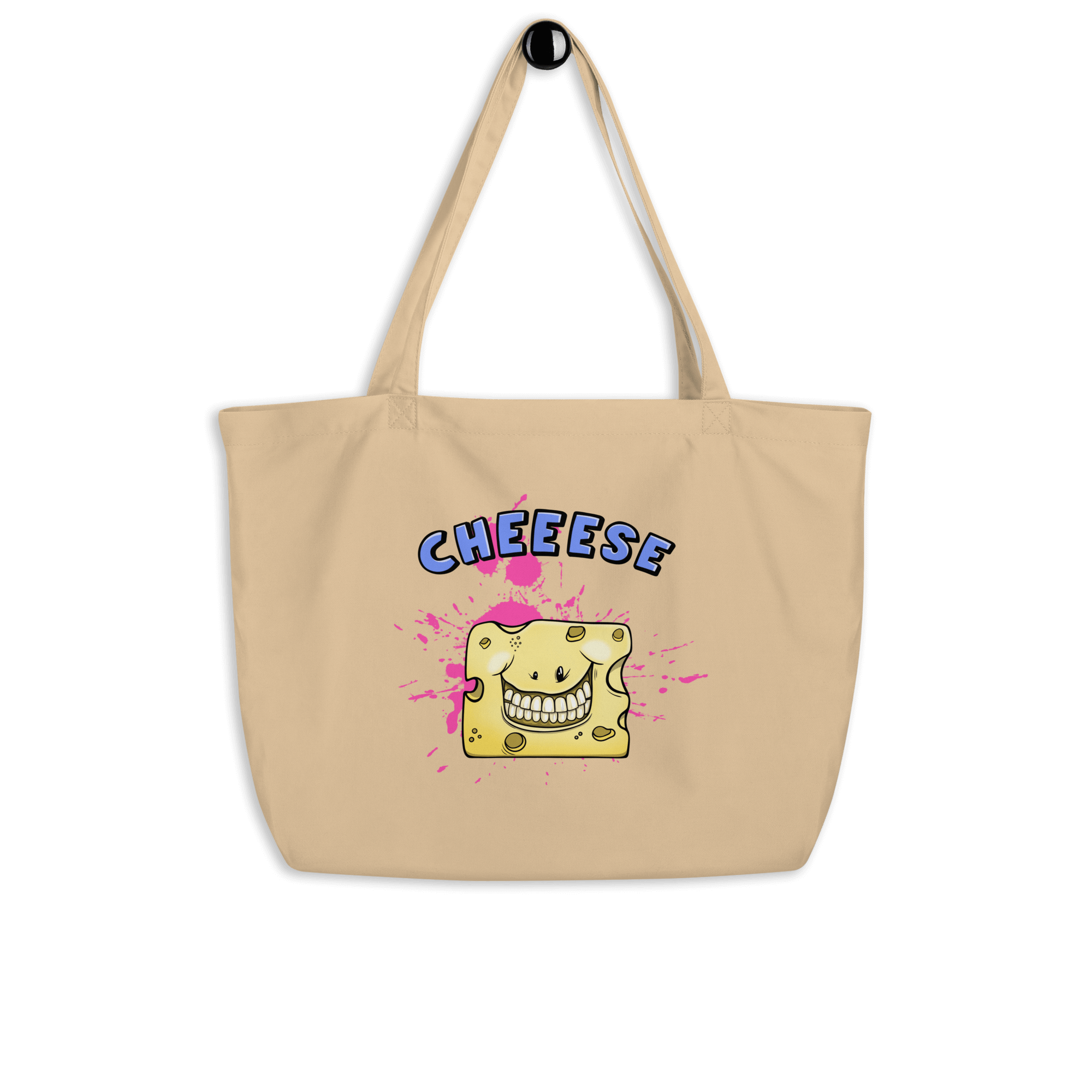 Natural tote bag with a happy cheese in cartoon style