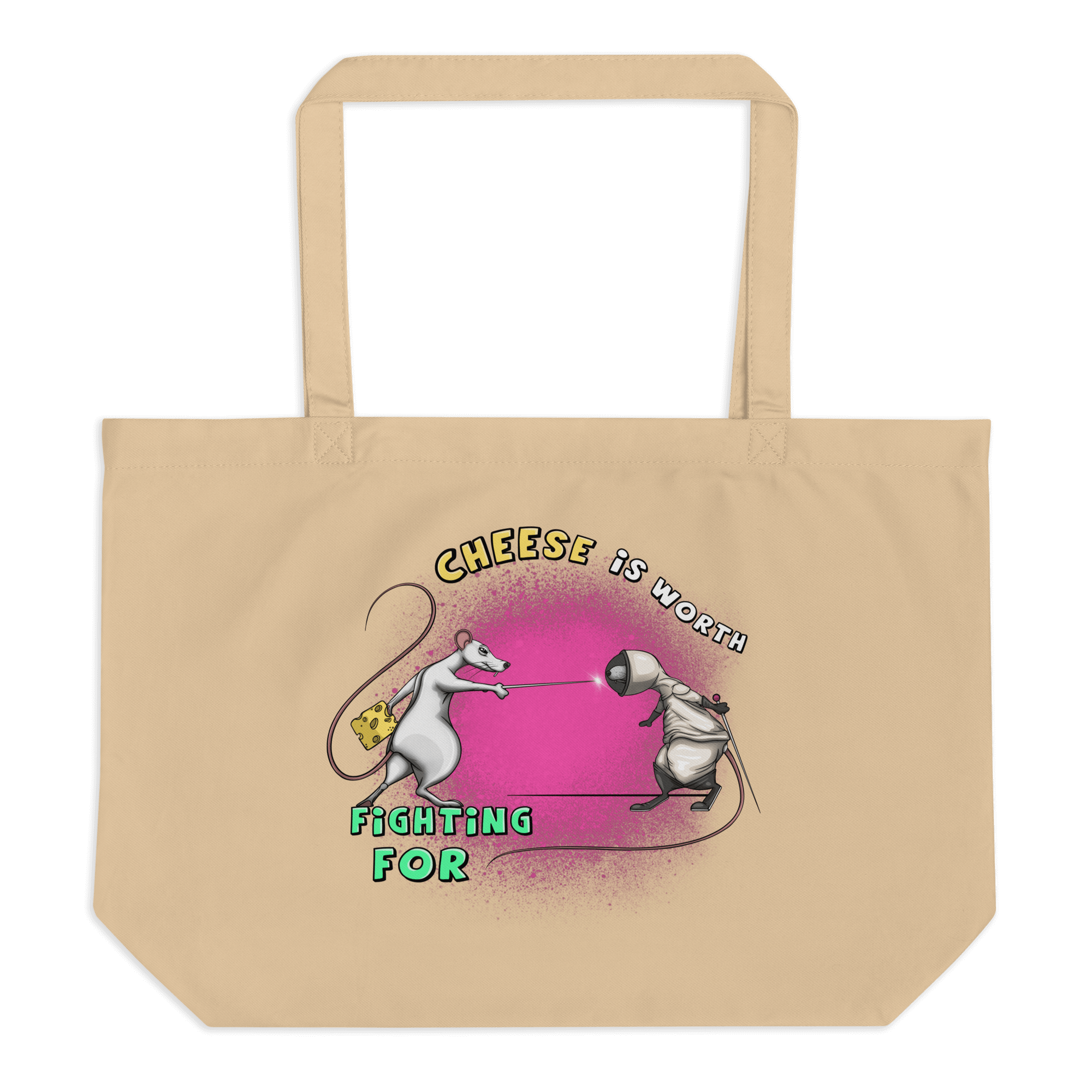 natural tote bag with two rats fighting over cheese with fencing swords