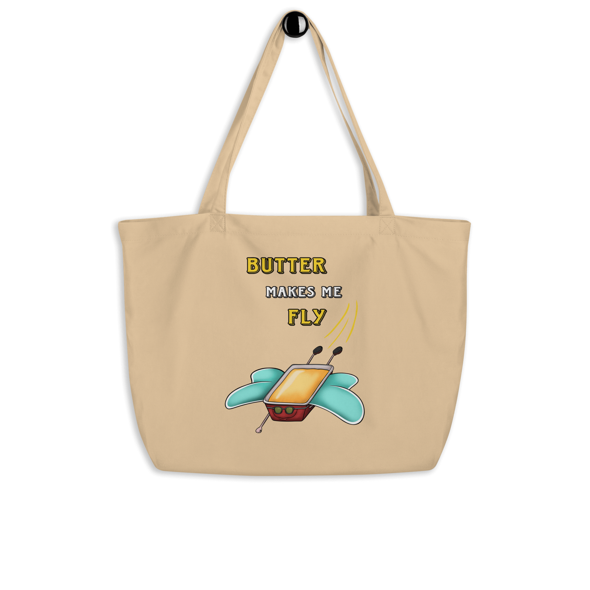 tote bag with funny drawing of butter flying with wings in cartoon style