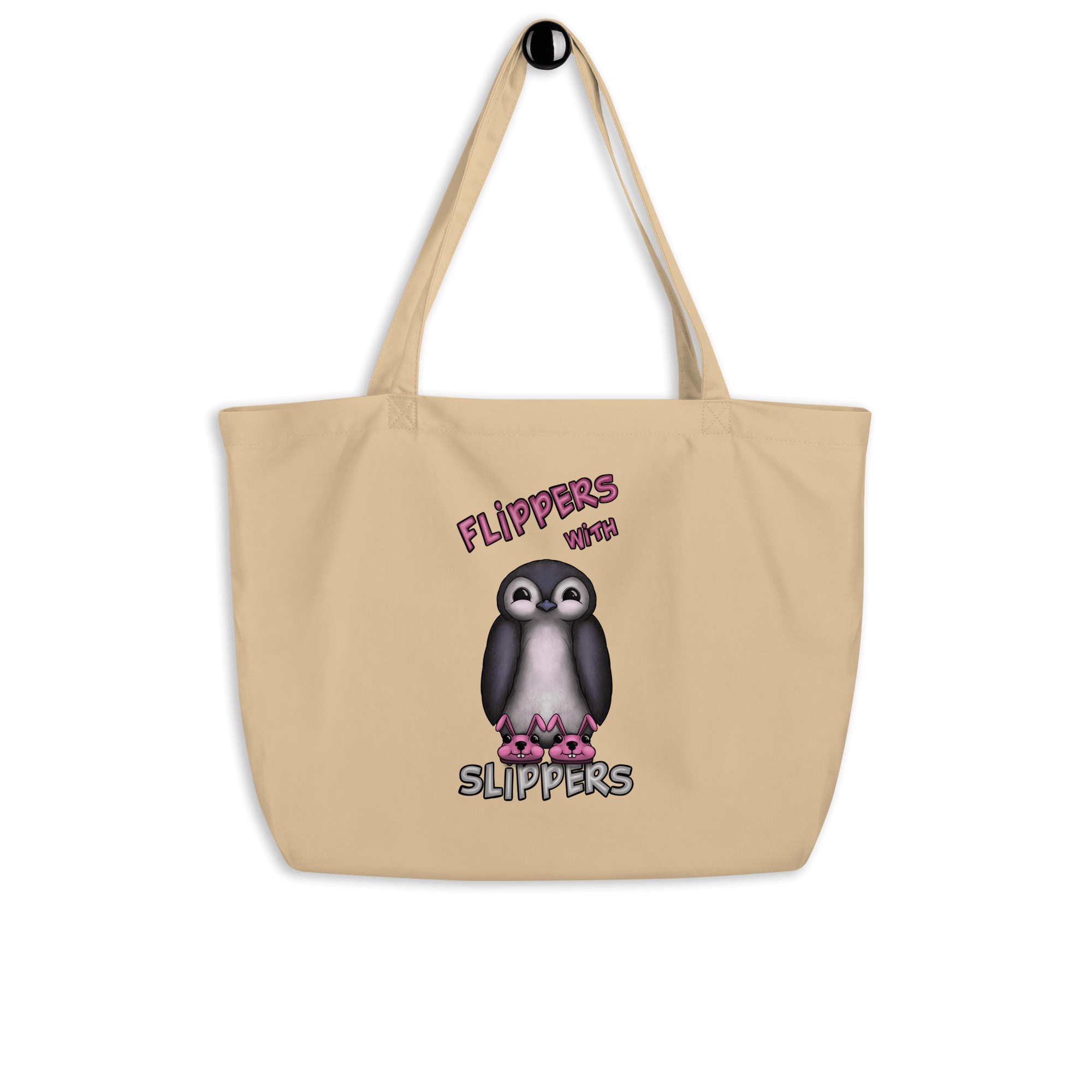 cute cartoon penguin with pink bunny slippers on tote bag natural