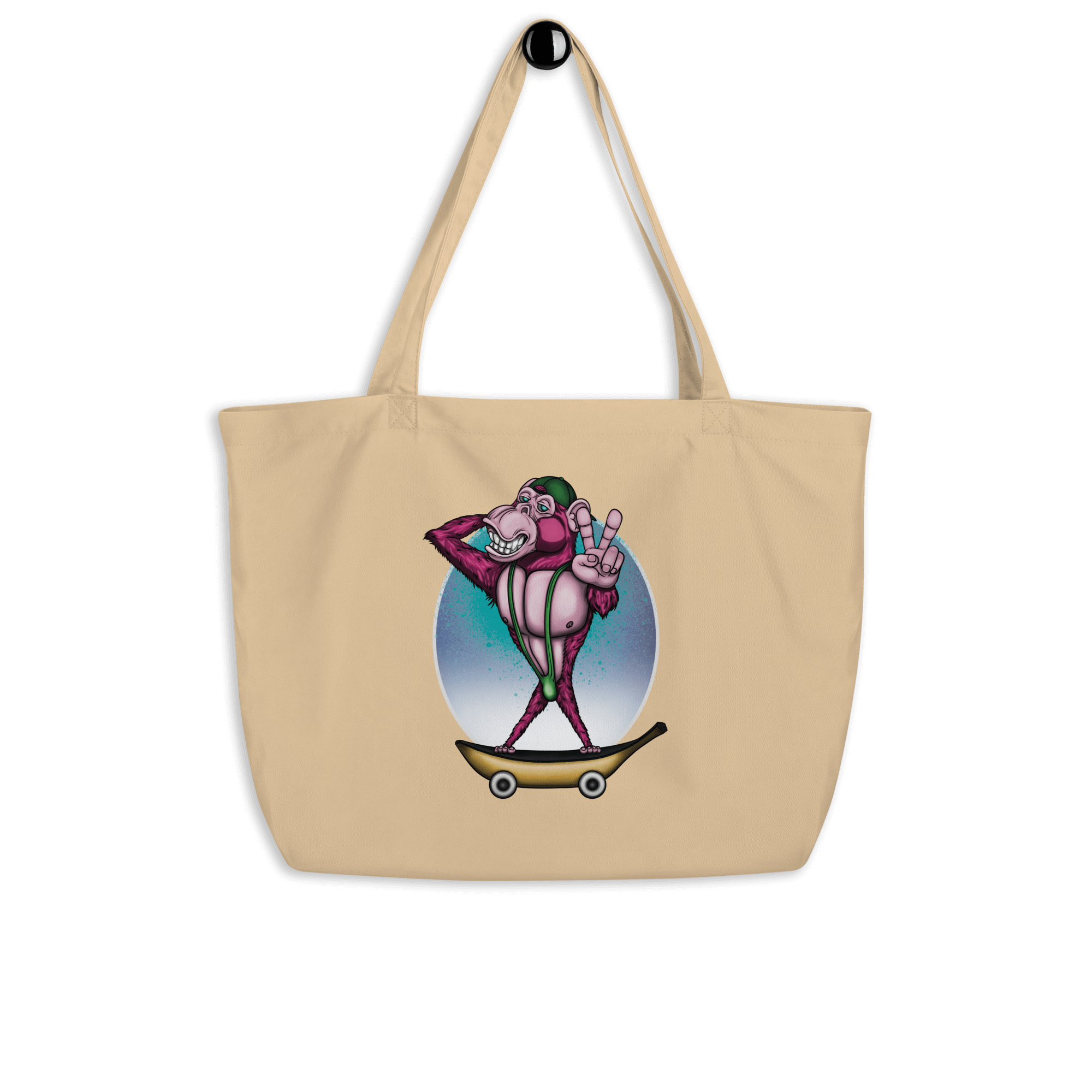 tote bag with a pink monkey on skateboard