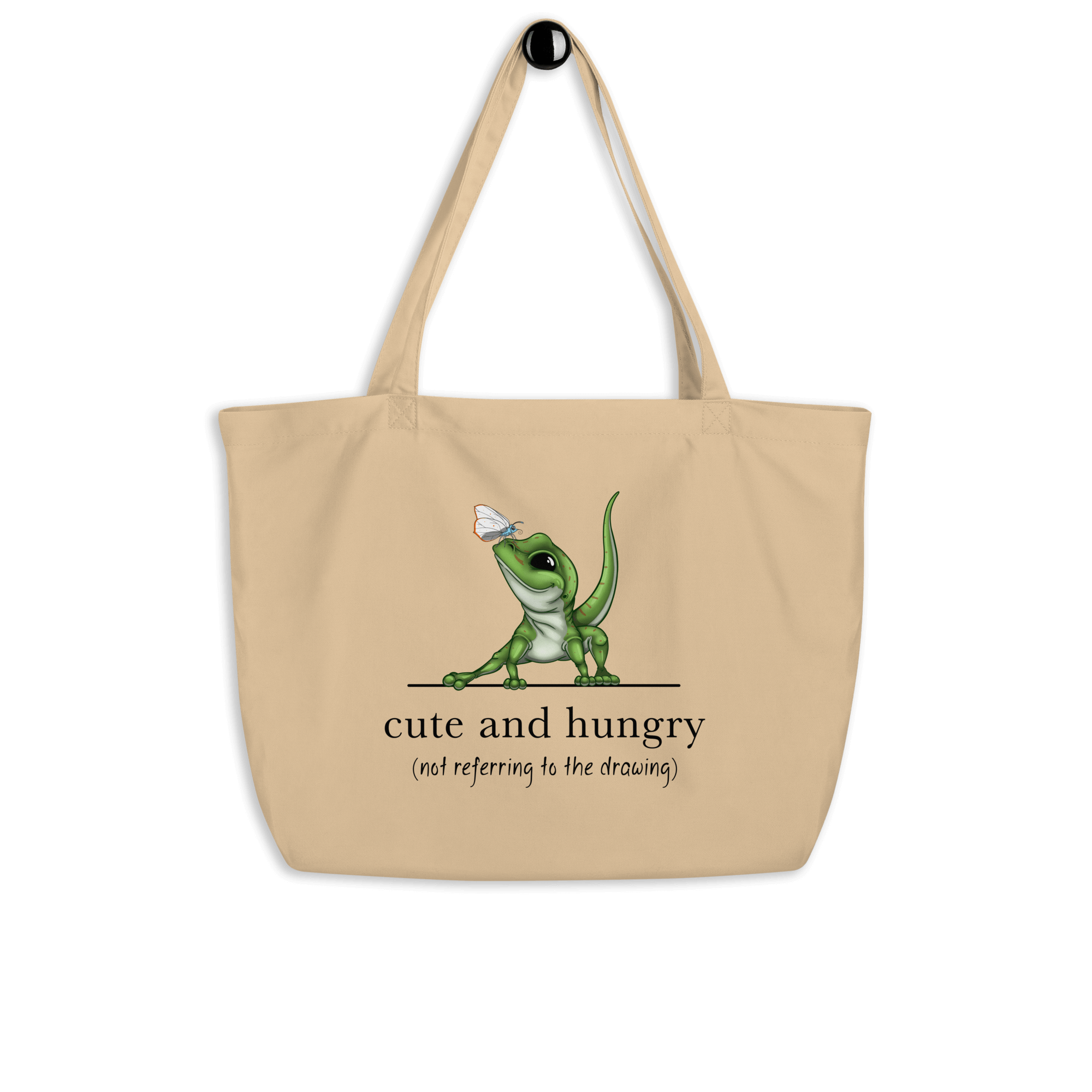 cartoon lizard with butterfly on tote bag natural