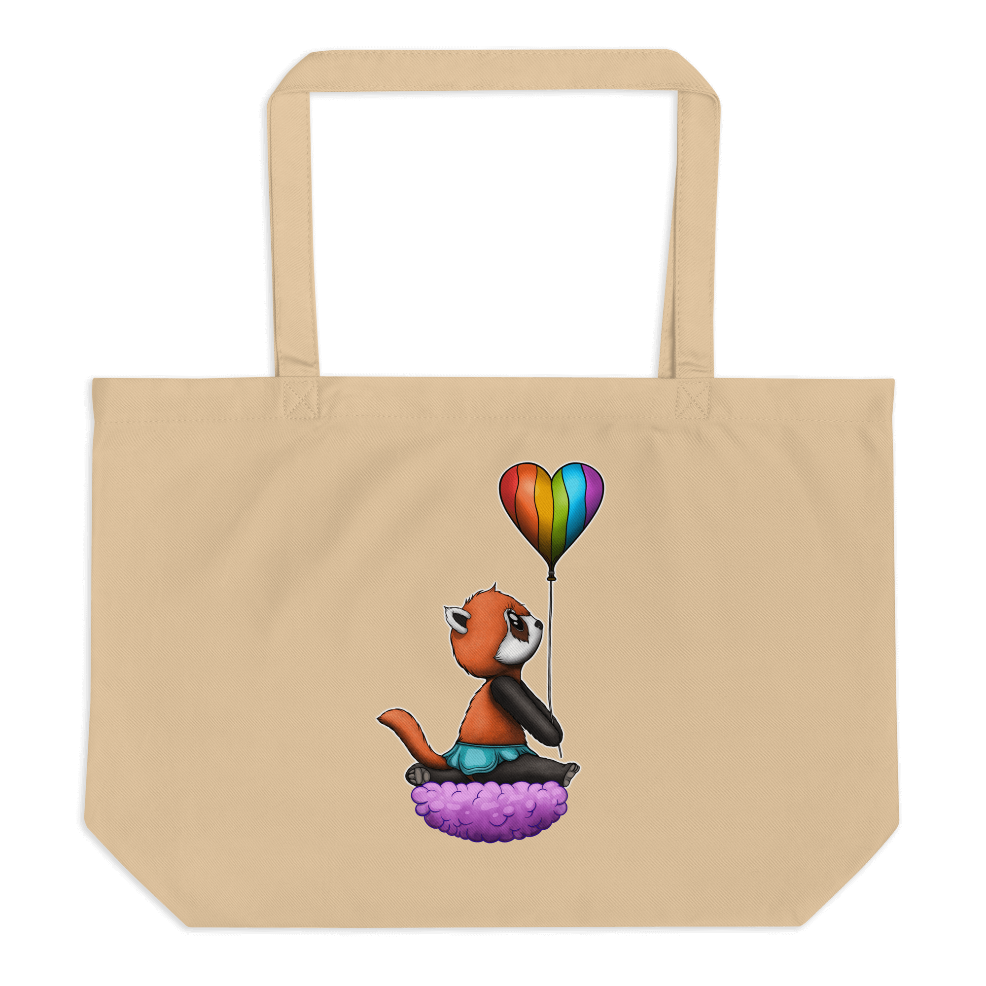 natural tote bag with cute panda and pride flag balloon