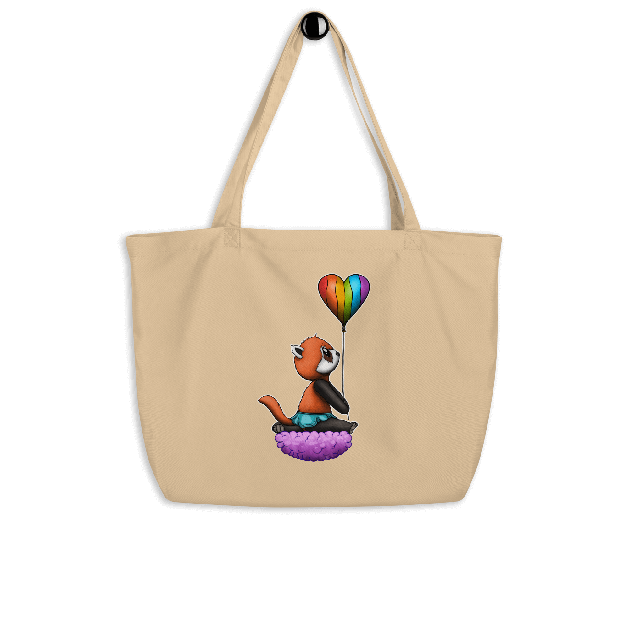 natural tote bag with a red panda holding a heart shaped pride flag