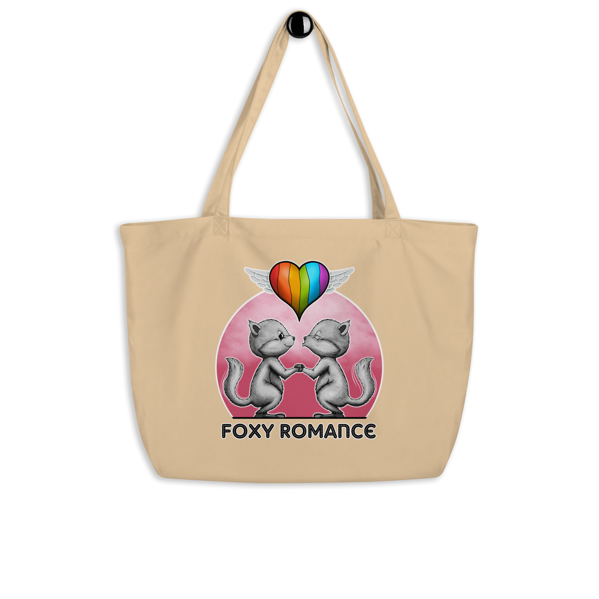 tote bag natural with cute foxes and pride flag balloon