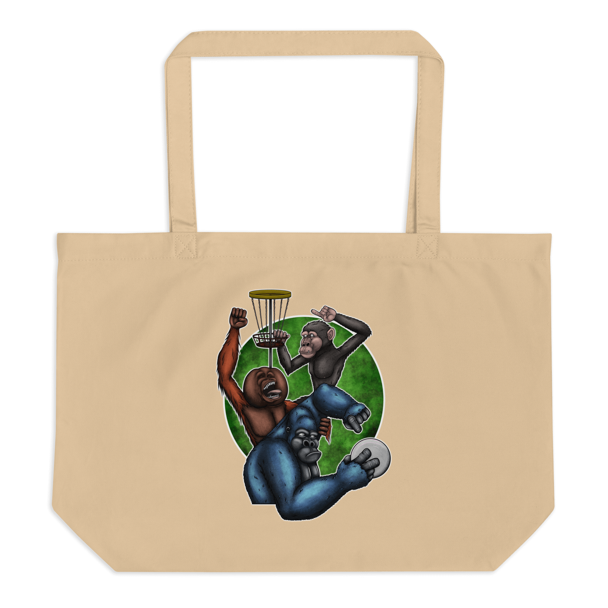 natural tote bag with cartoon monkeys playing frisbee golf