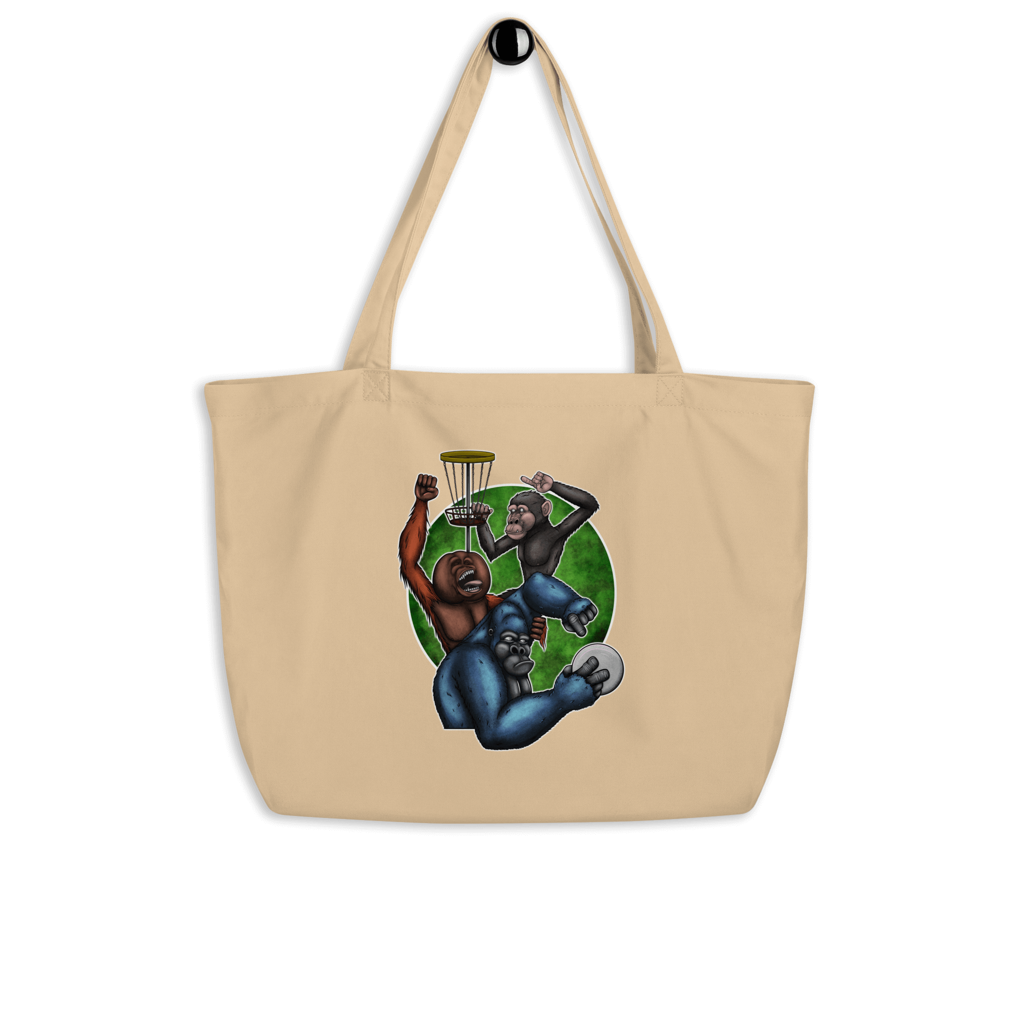 tote bag natural with cool cartoon monkey drawing and disc golf