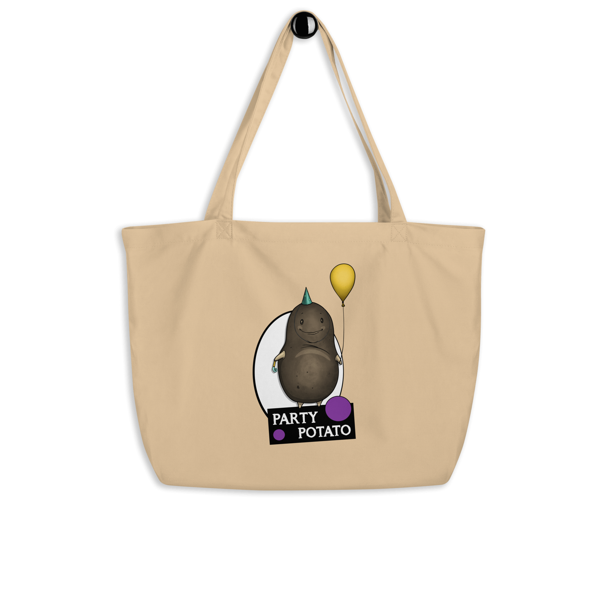 tote bag natural with a cartoon potato and balloons