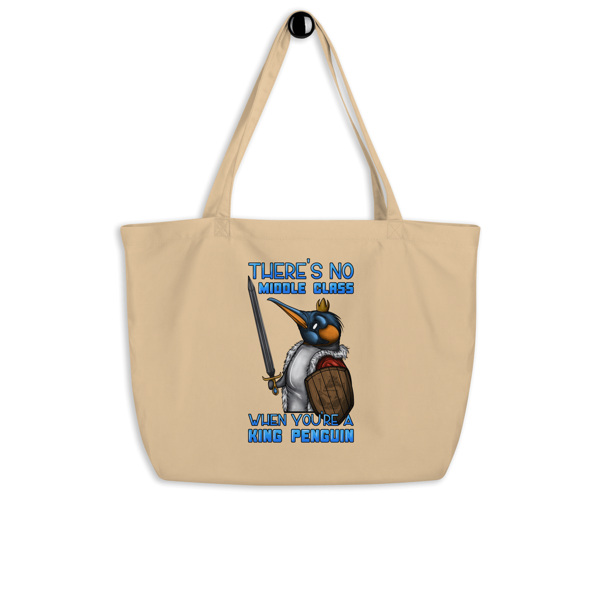 funny king penguin in cartoon style on natural tote bag