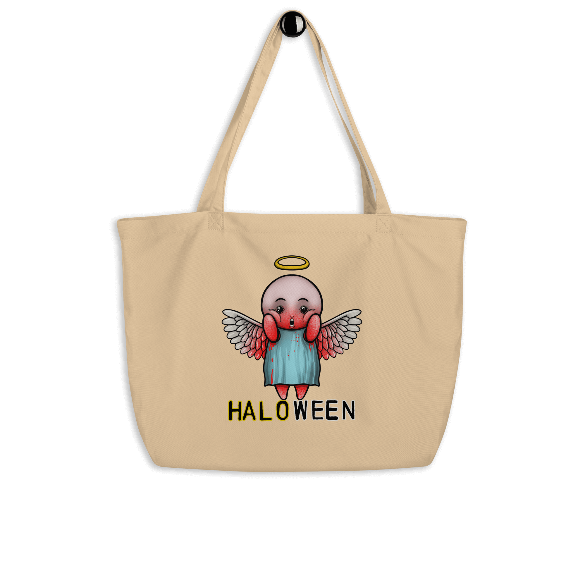 Halloween cartoon angel with halo on tote bag natural