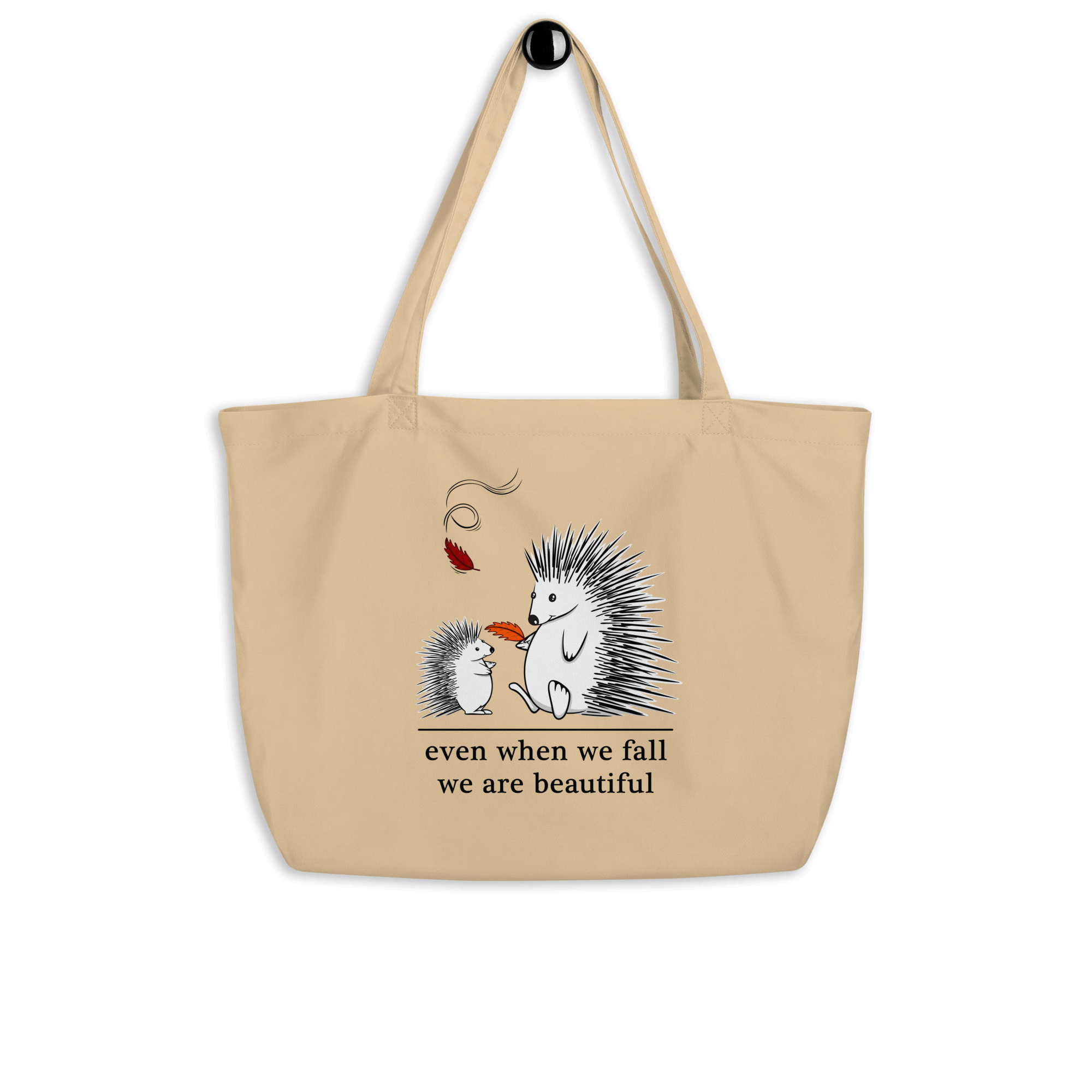 Cartoon drawing of two hedgehogs in autumn on tote bag natural