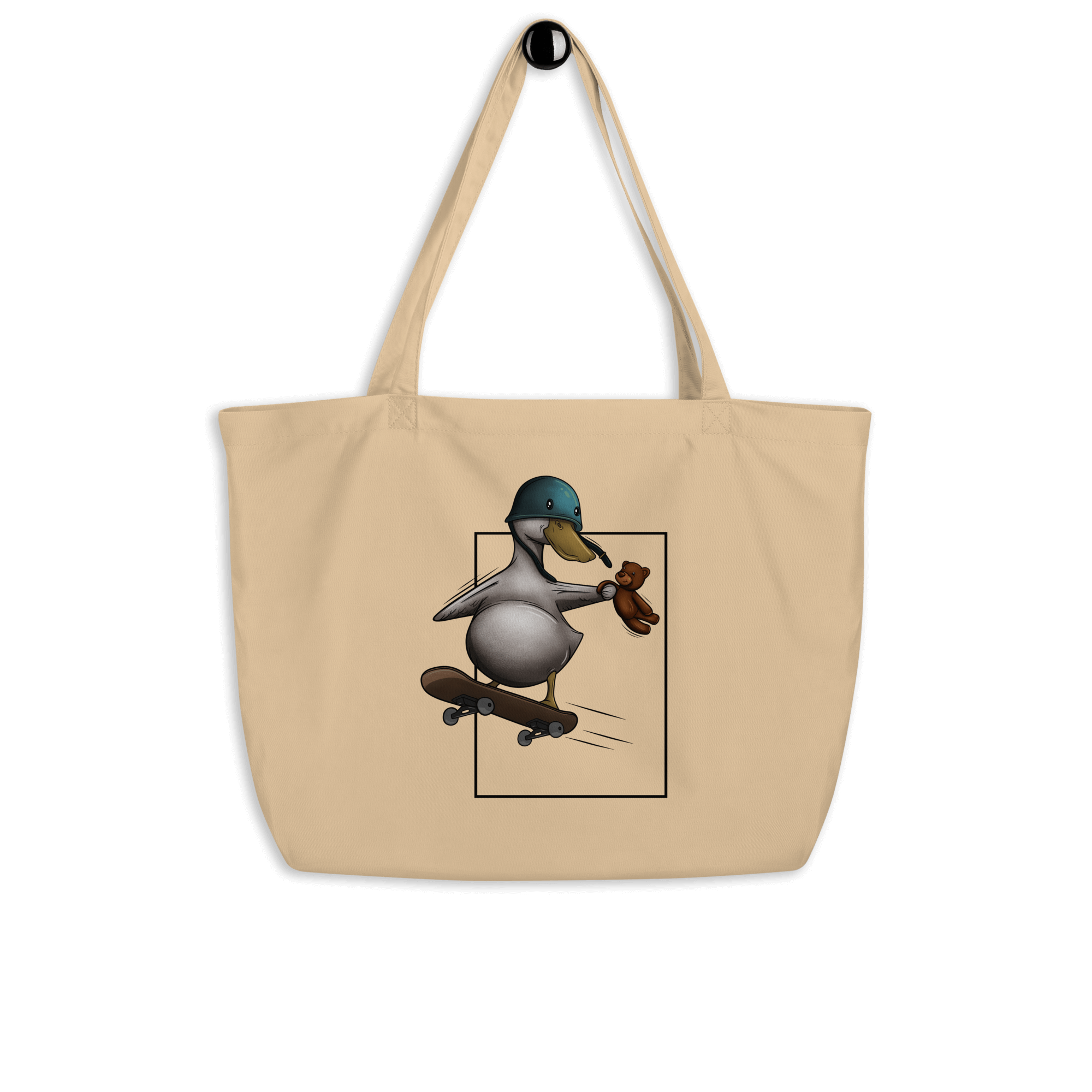 Cute skater duck with teddy bear on tote bag natural