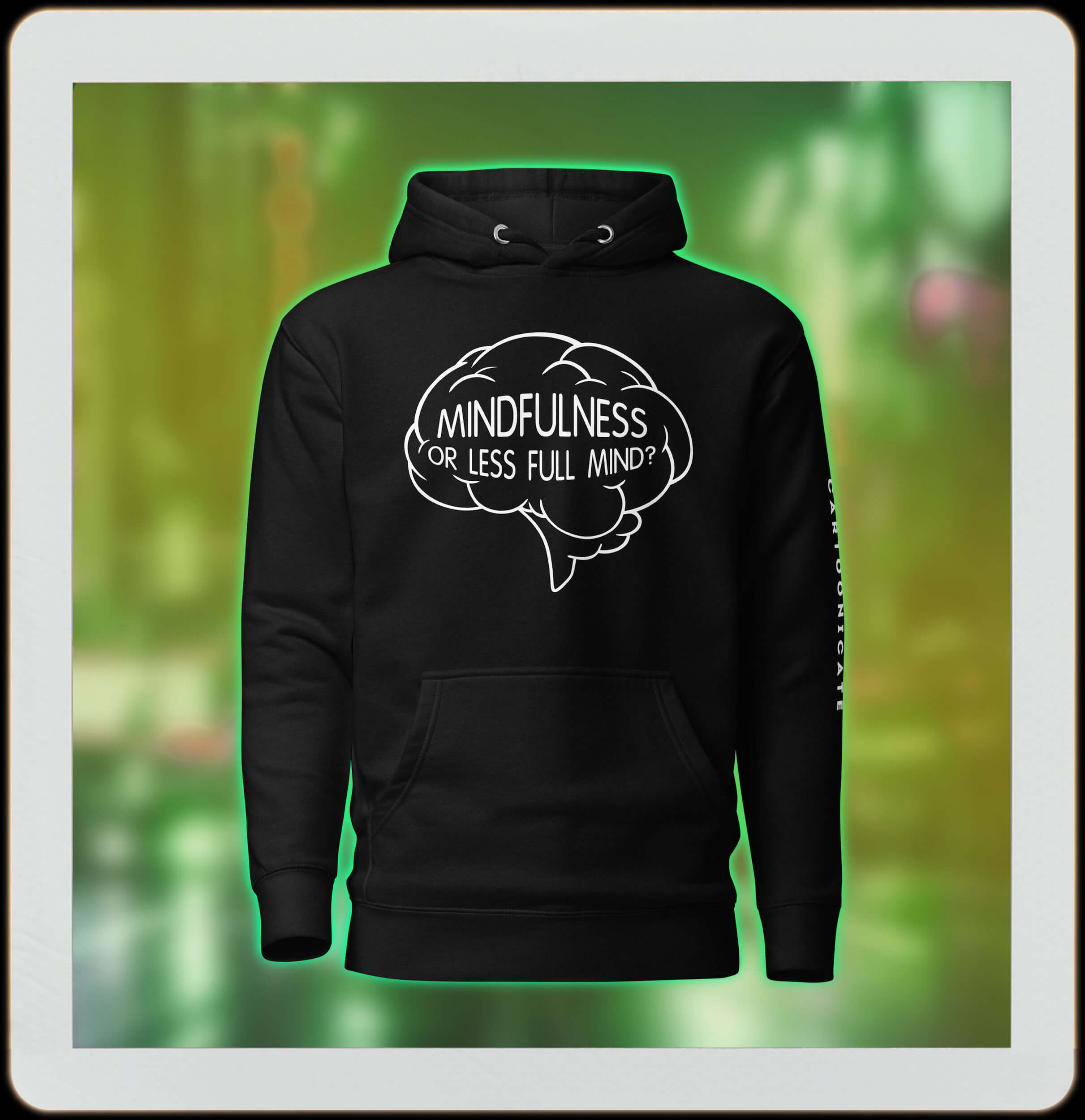 Black hoodie with a funny cartoon brain