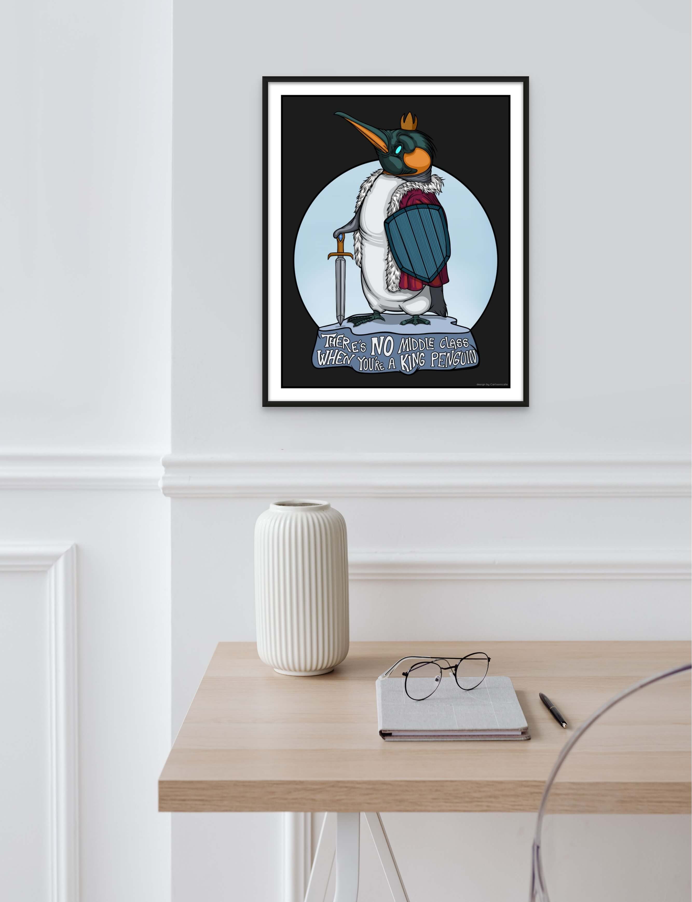  interior wall print with funny king penguin in cartoon style