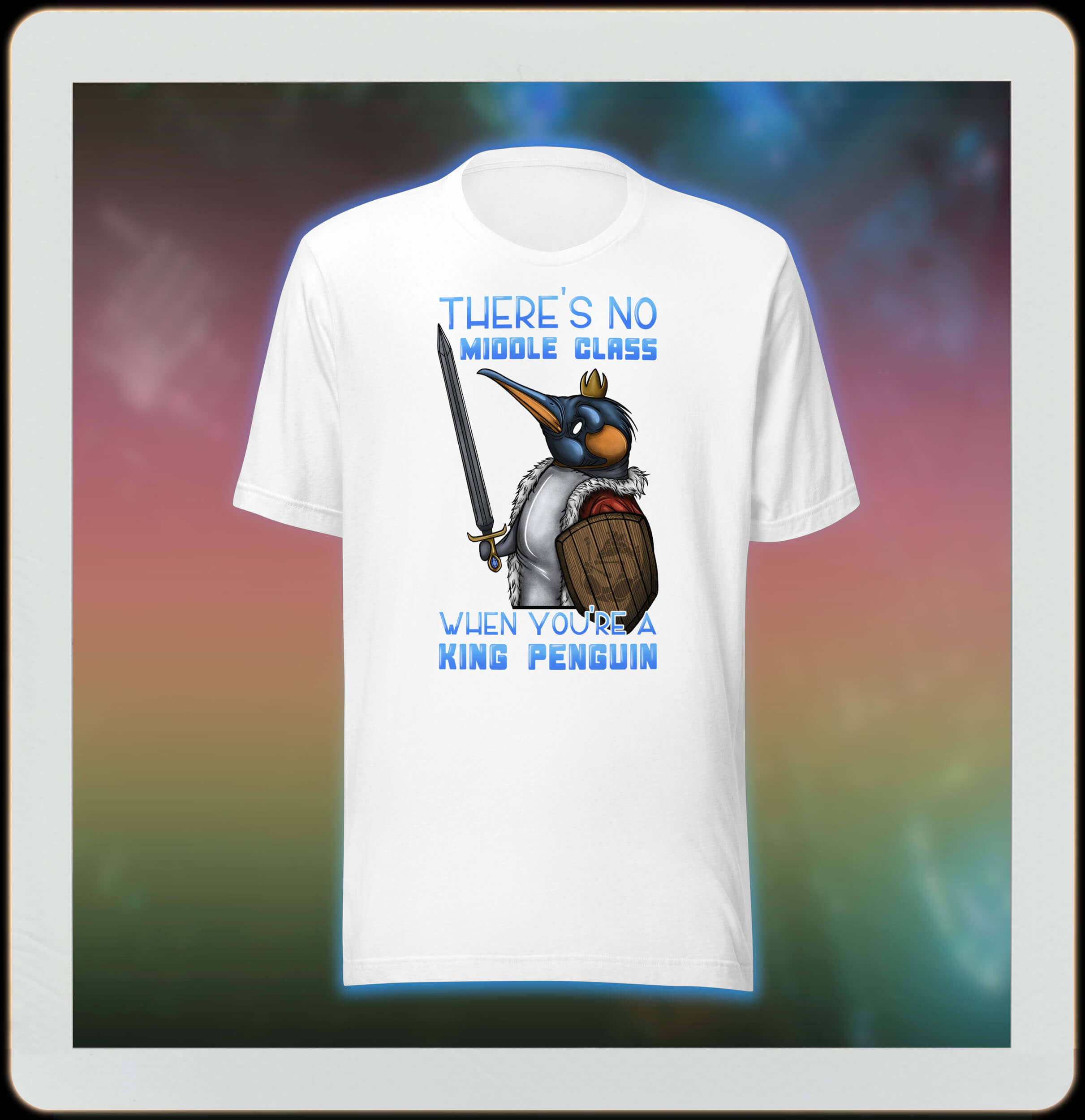 funny king penguin in cartoon style on white tee