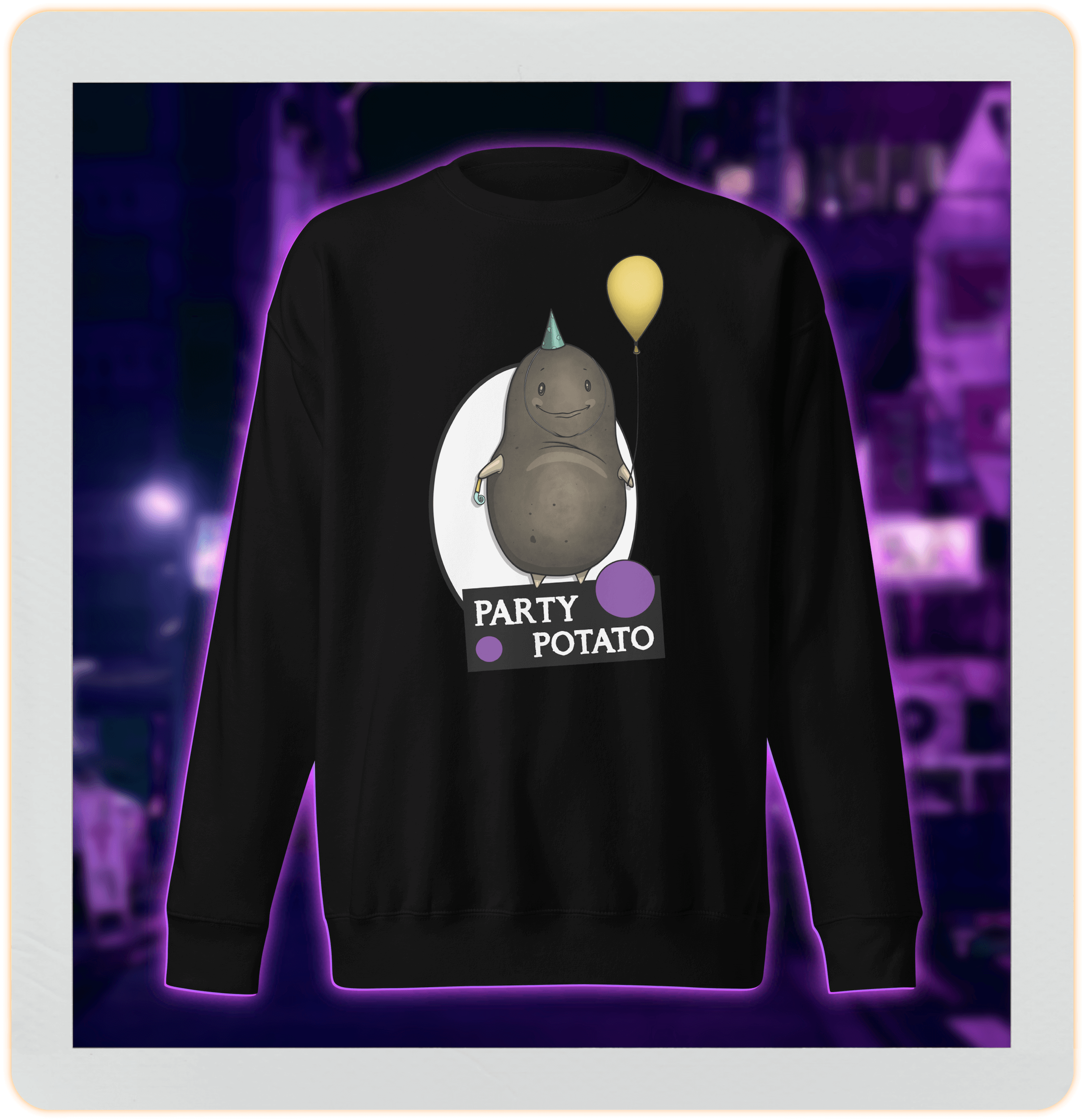 black sweatshirt with cute party potato drawing