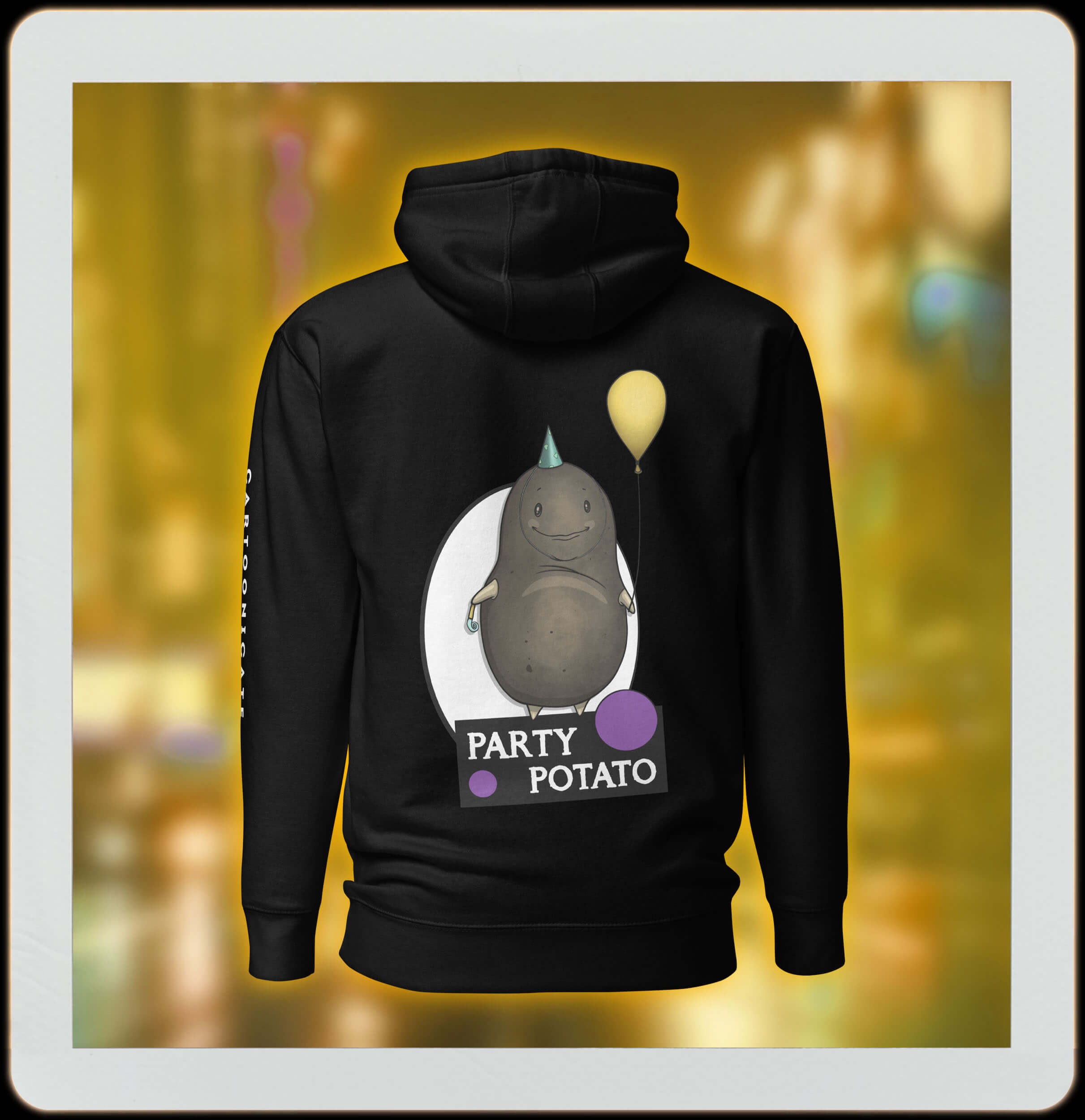 Party Potato drawing on black hoodie