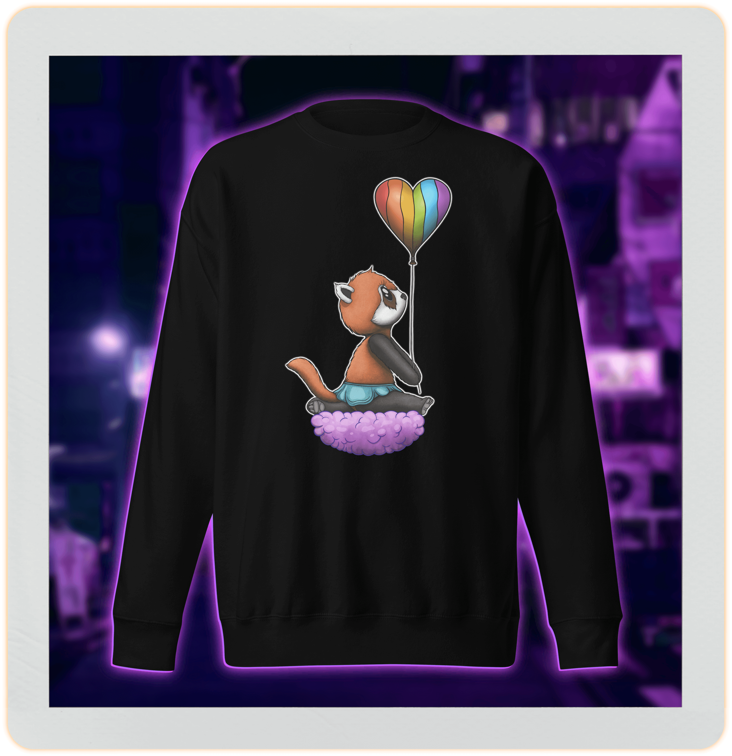 black sweater with cute panda and pride flag balloon