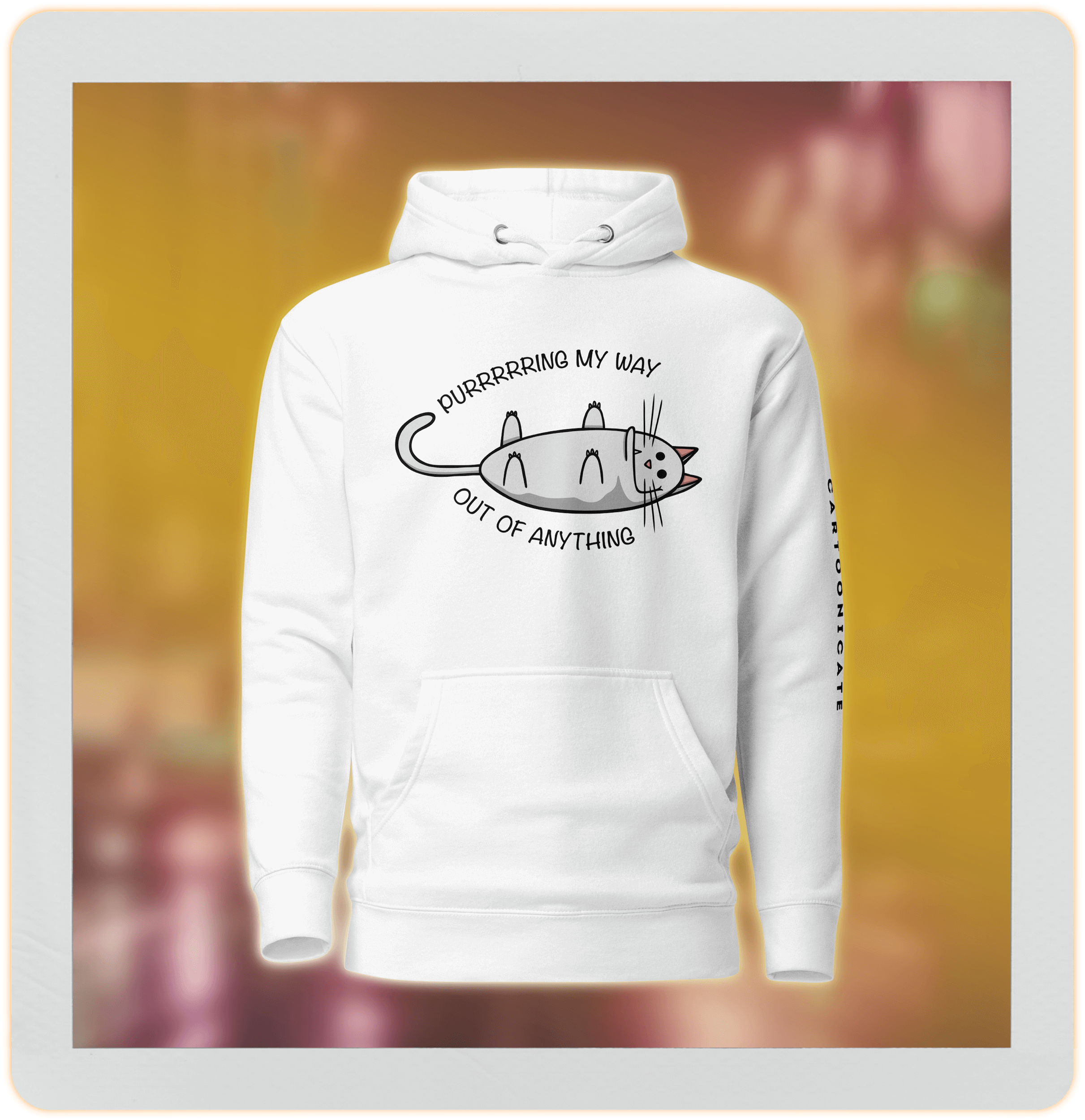 purring pussycat in cartoon style on white hoodie