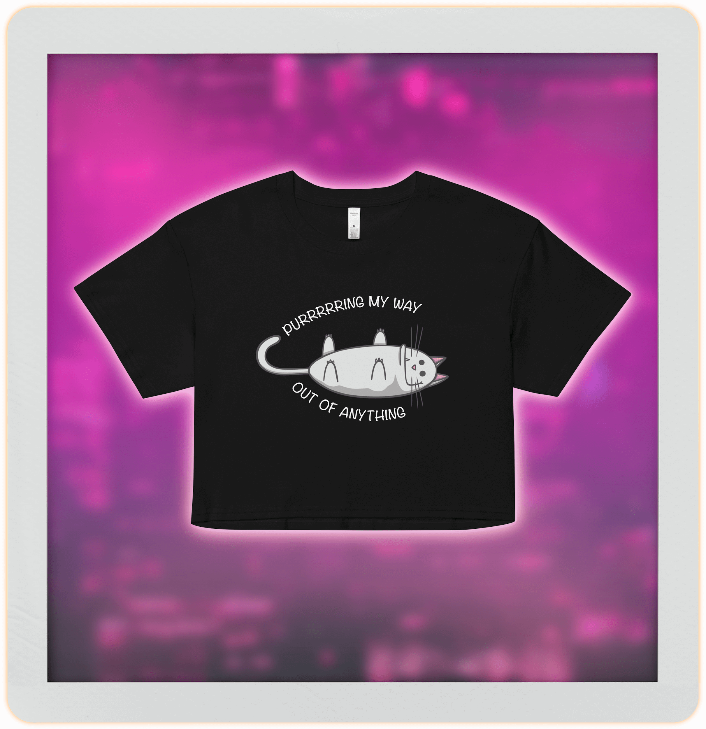 cute purring cat in cartoon style on black crop top for women