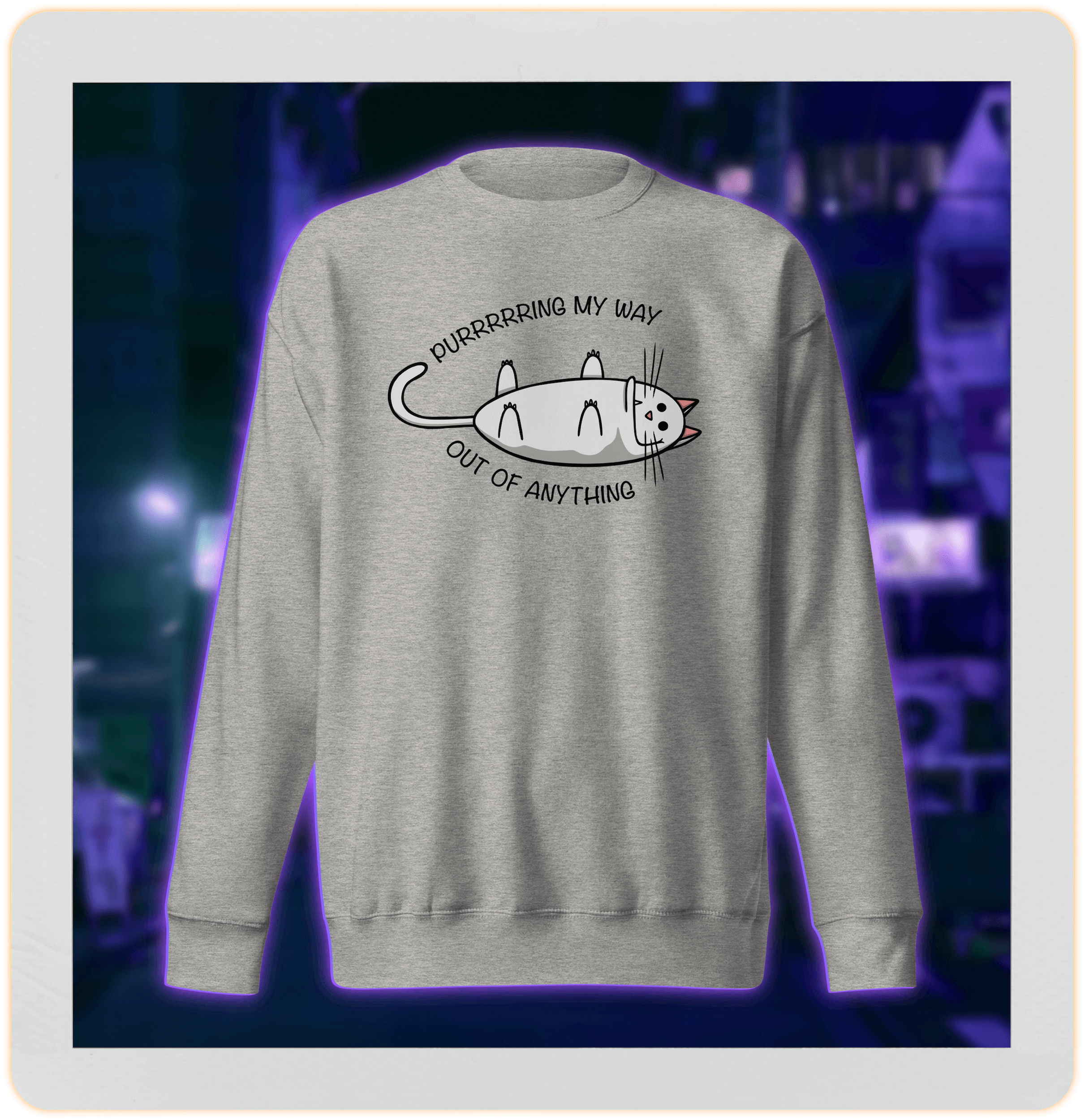 cute purring cat in cartoon style on grey sweater