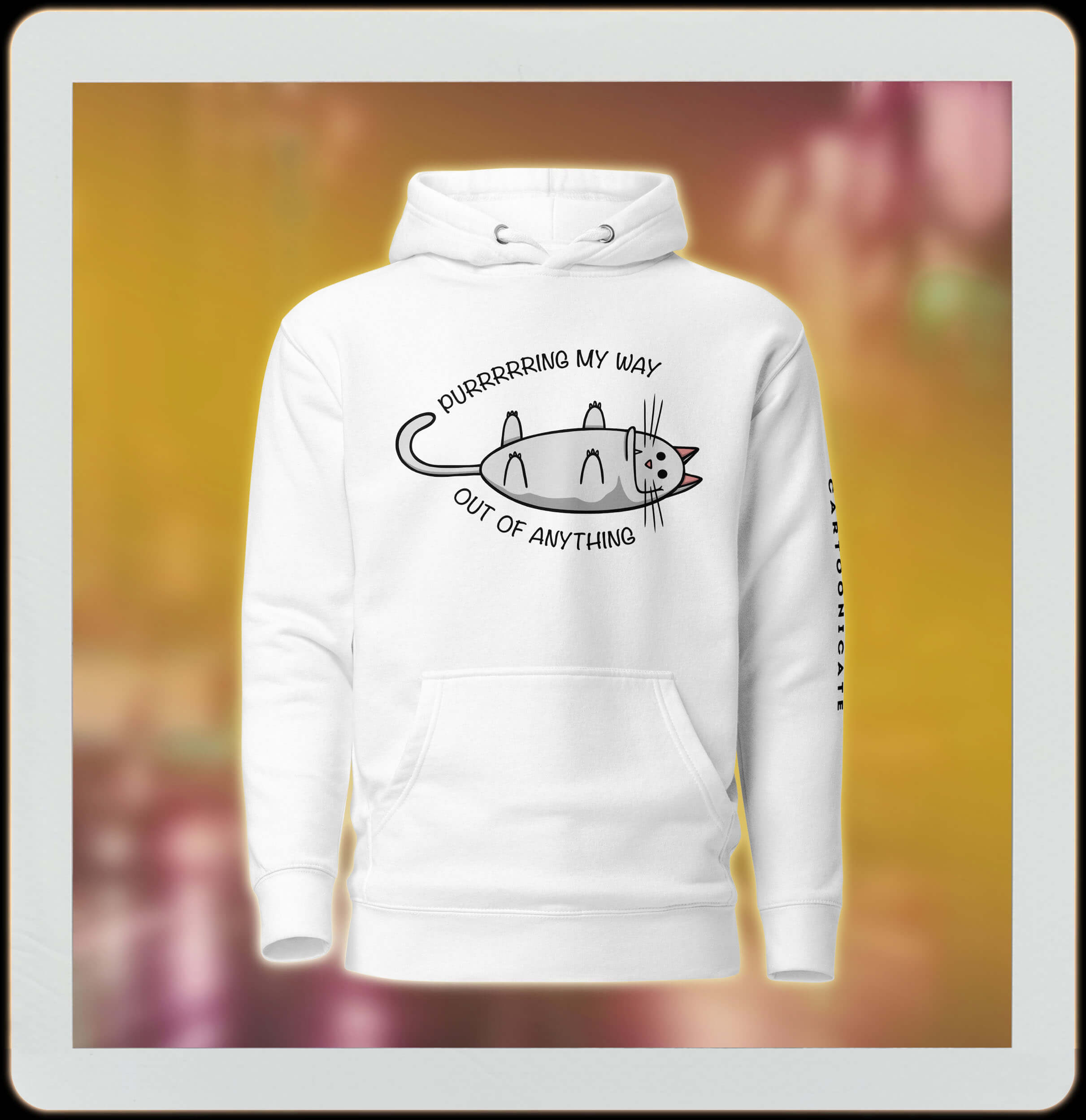 purring pussycat in cartoon style on white hoodie