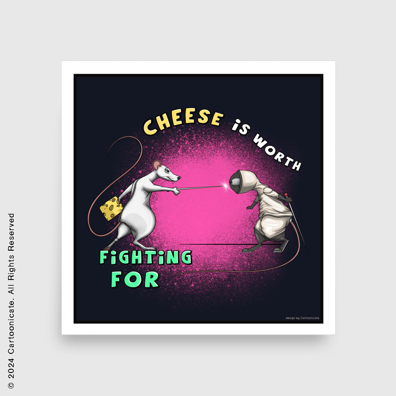 wall poster with a cool cartoon drawing of two rats in a fencing sword match over some cheese