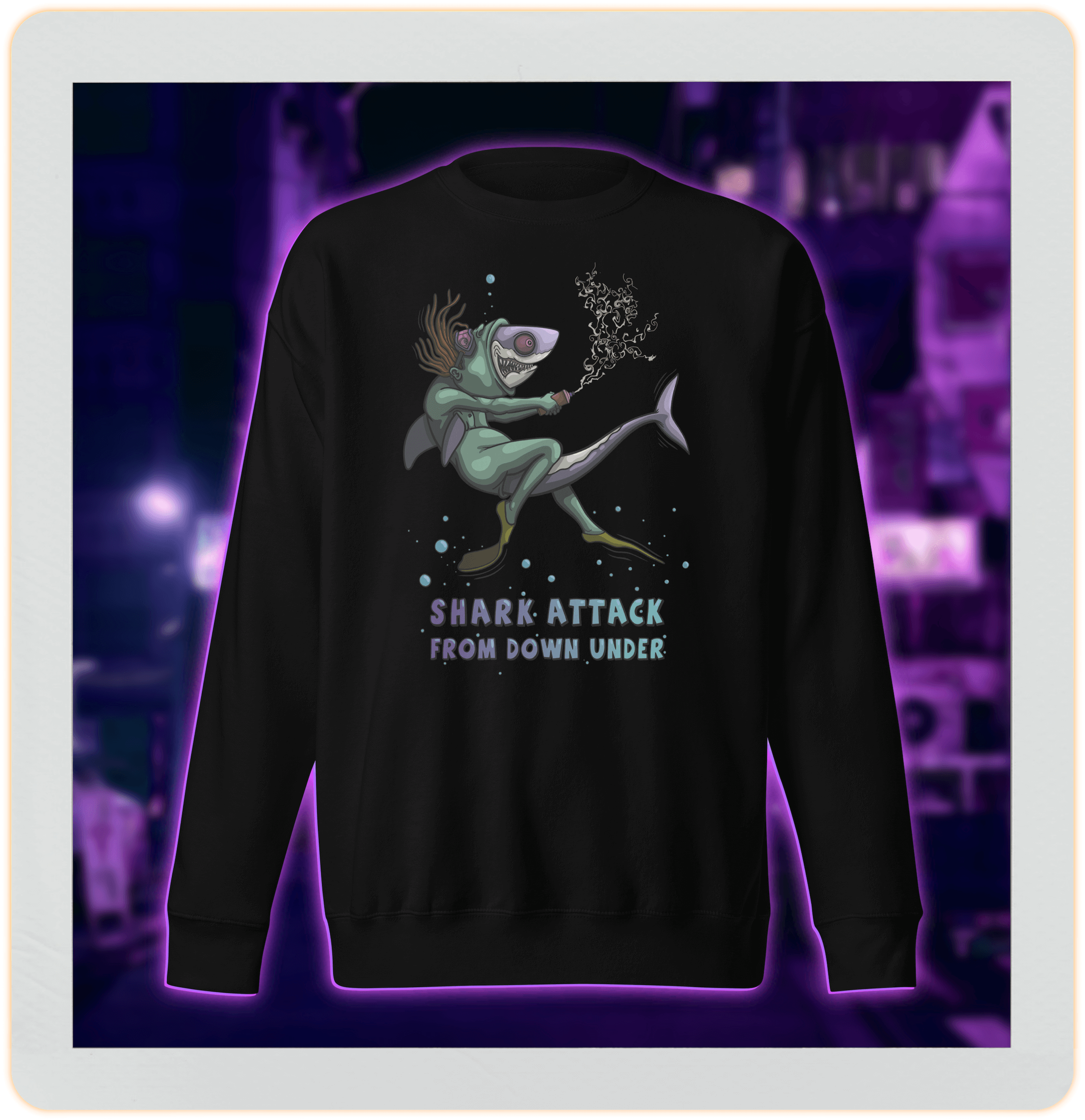 crazy diver and shark on black sweatshirt