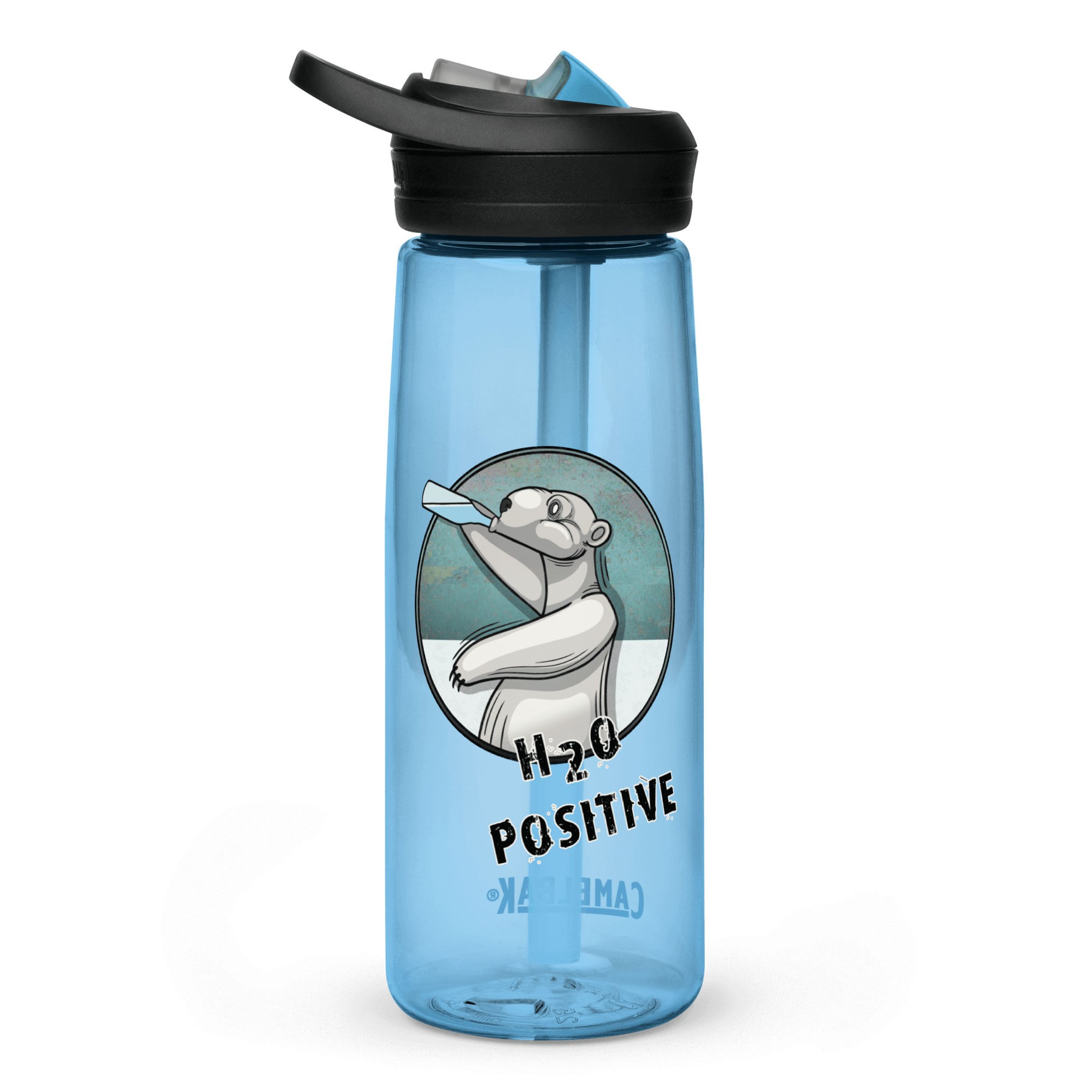 H20 positive polar bear cartoon on water bottle blue