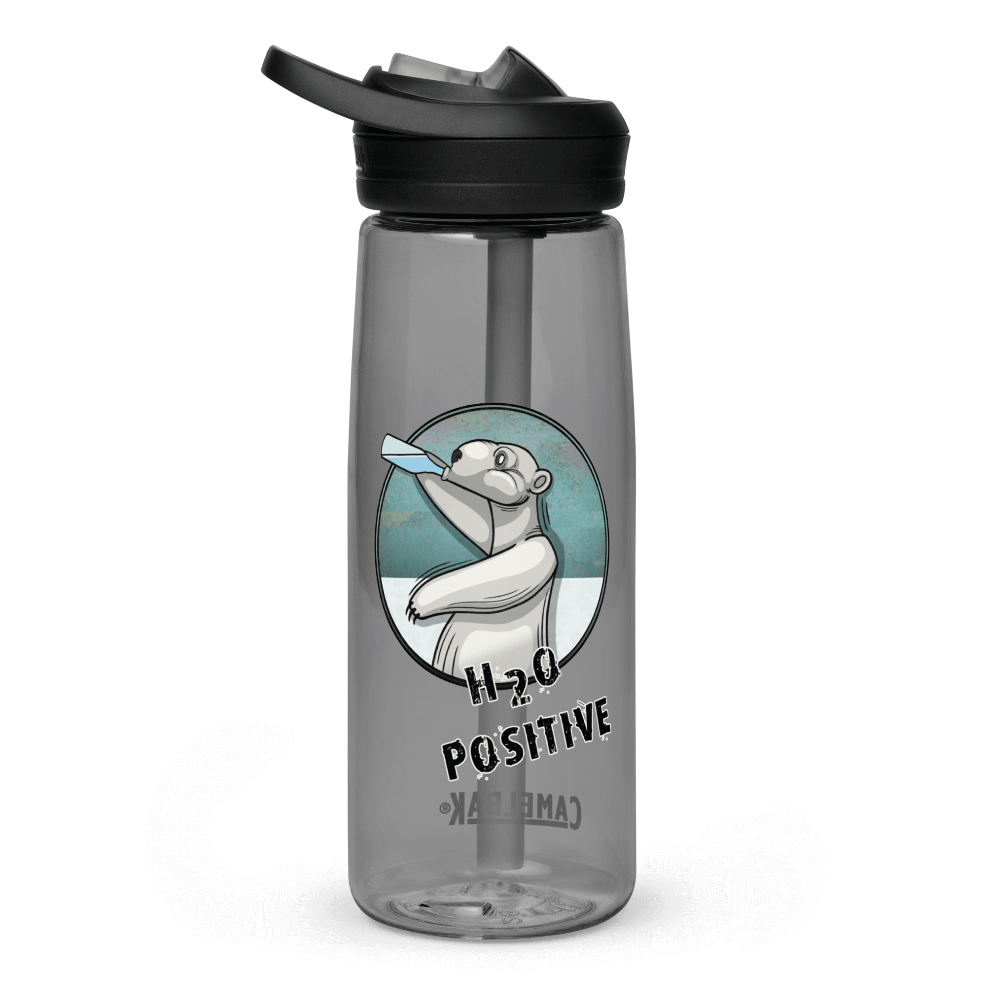 grey sports water bottle with a cool cartoon polar bear drinking water