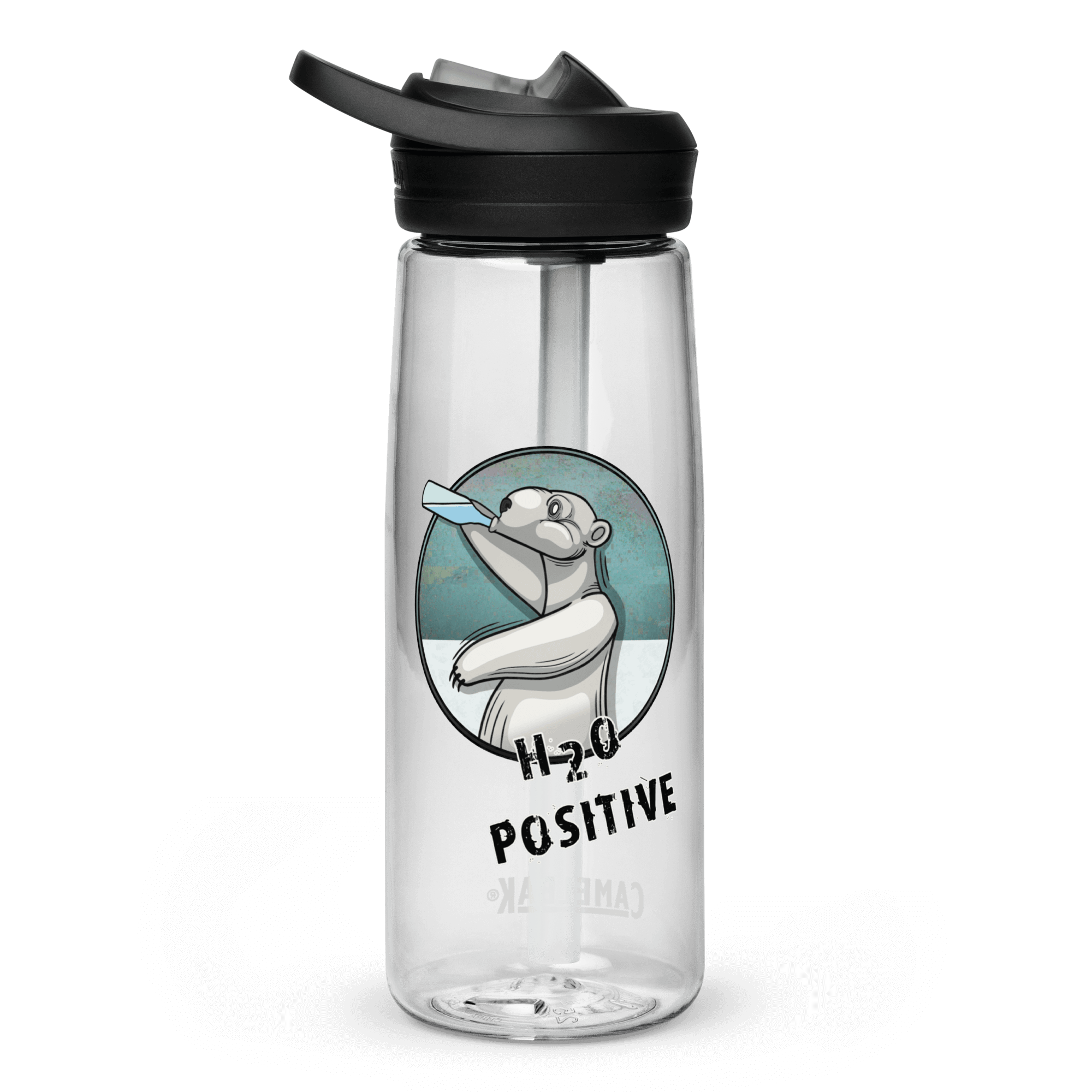 Ice bear drinking water on sports water bottle clear