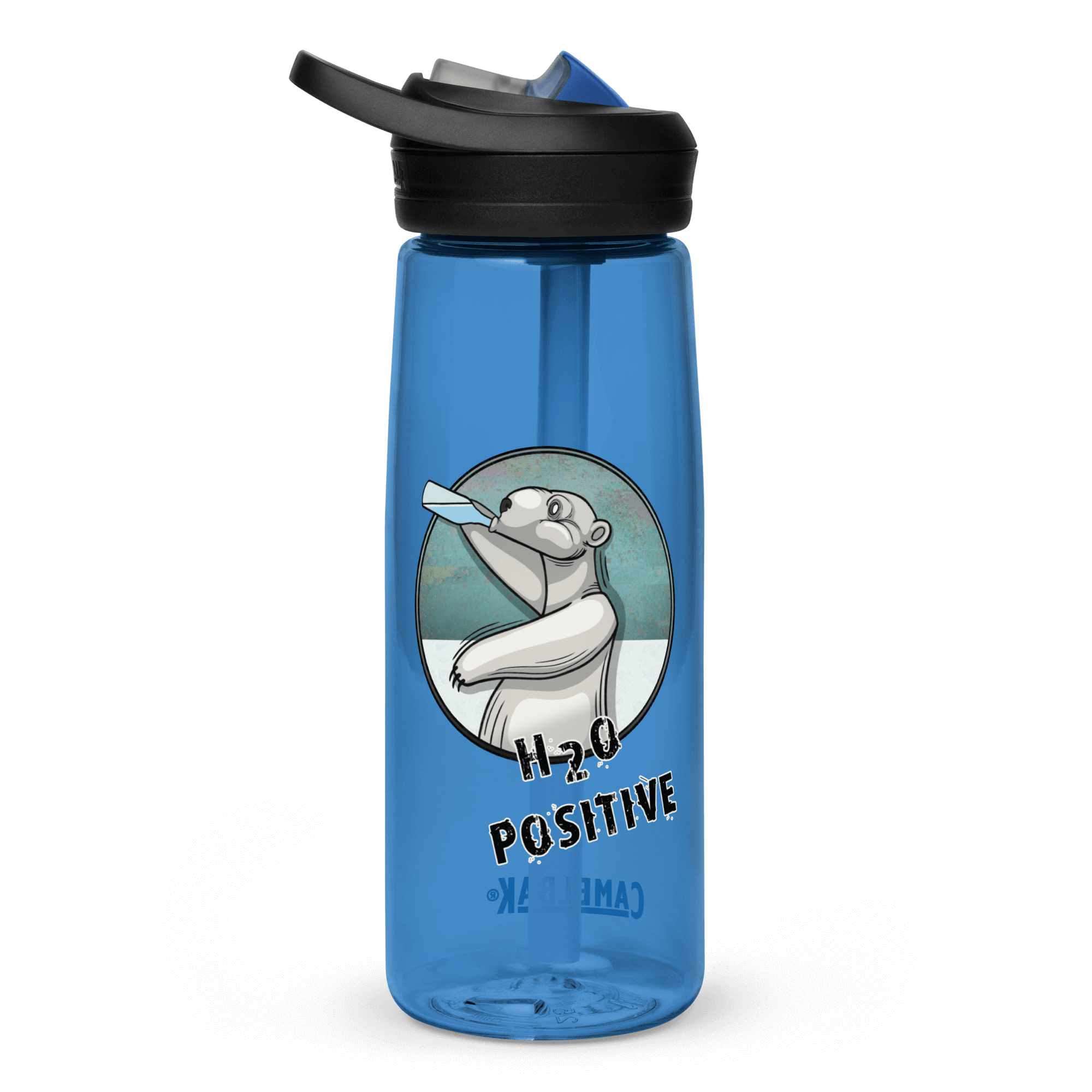 blue water bottle with a cool cartoon polar bear