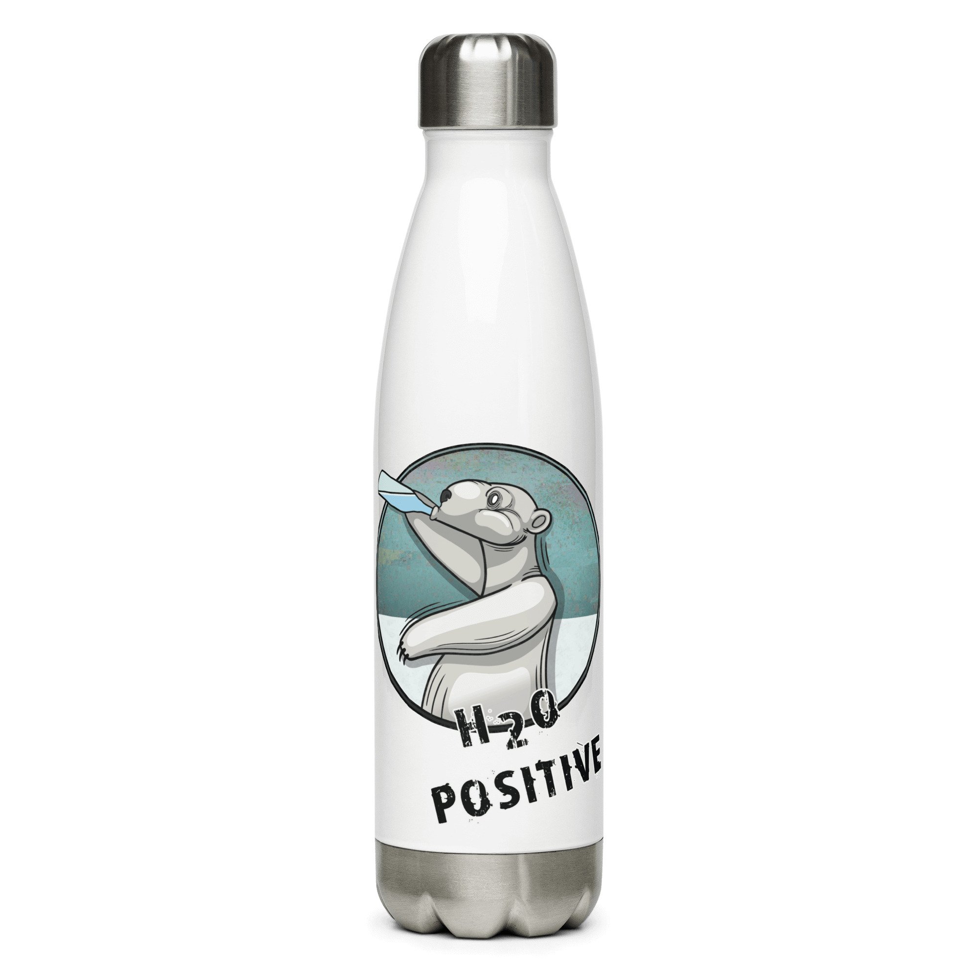 stainless steel water bottle with a cool cartoon polar bear drinking water