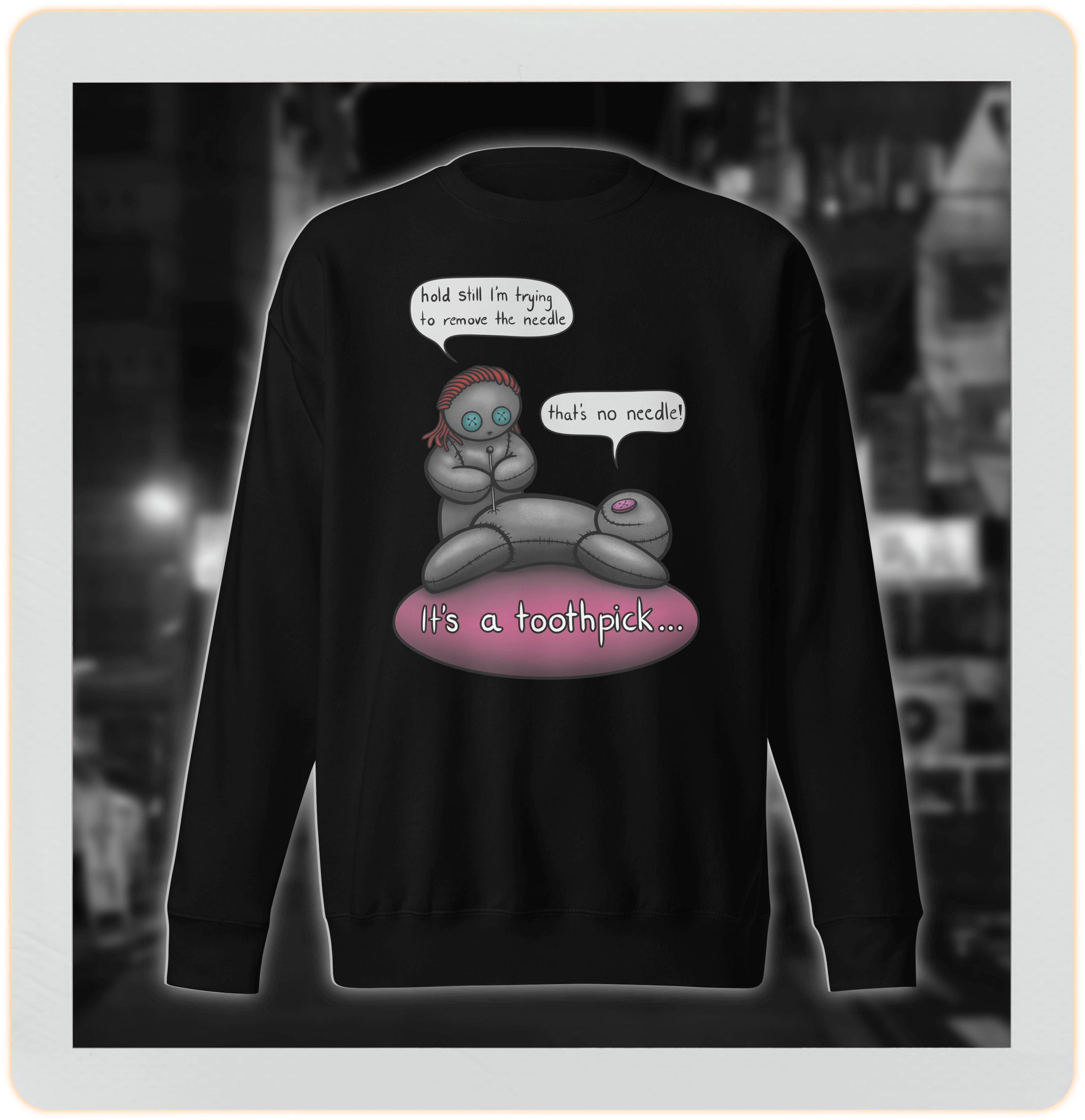 Cartoon voodoo humor needle black sweater