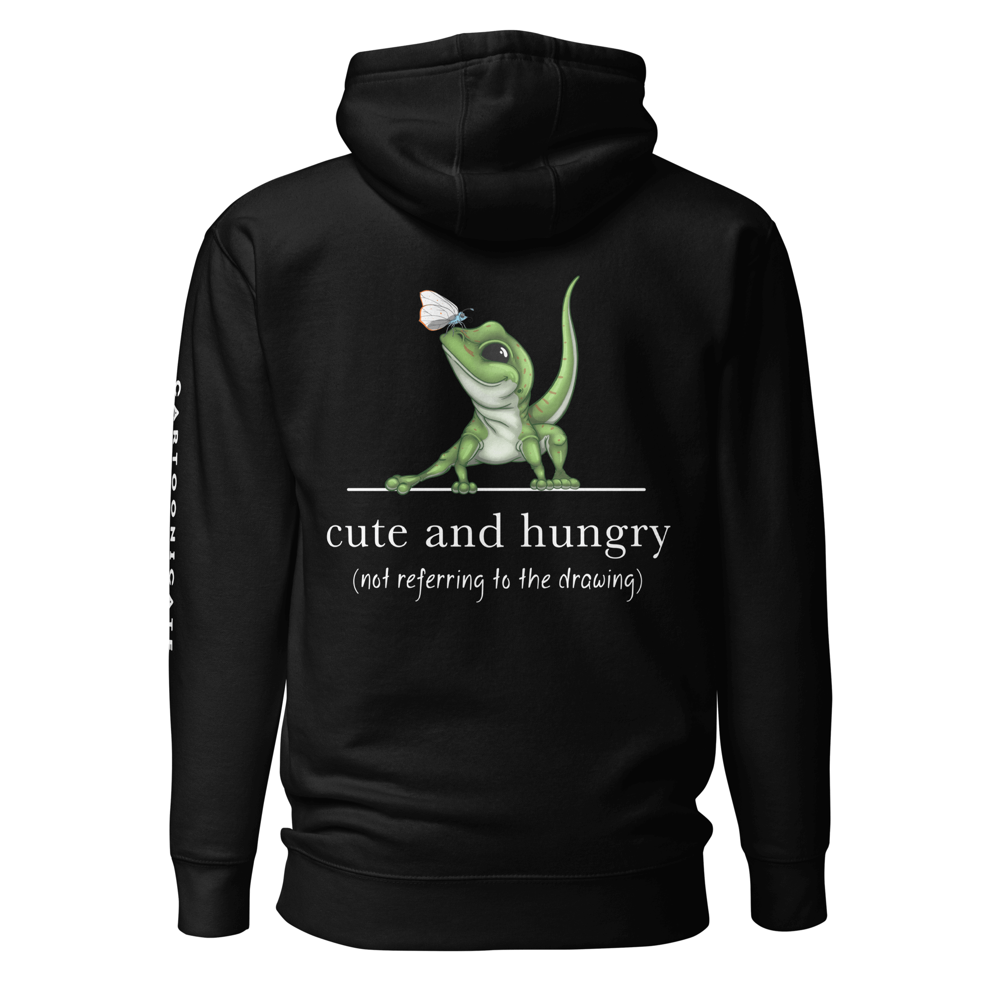 cartoon lizard with butterfly on black hoodie